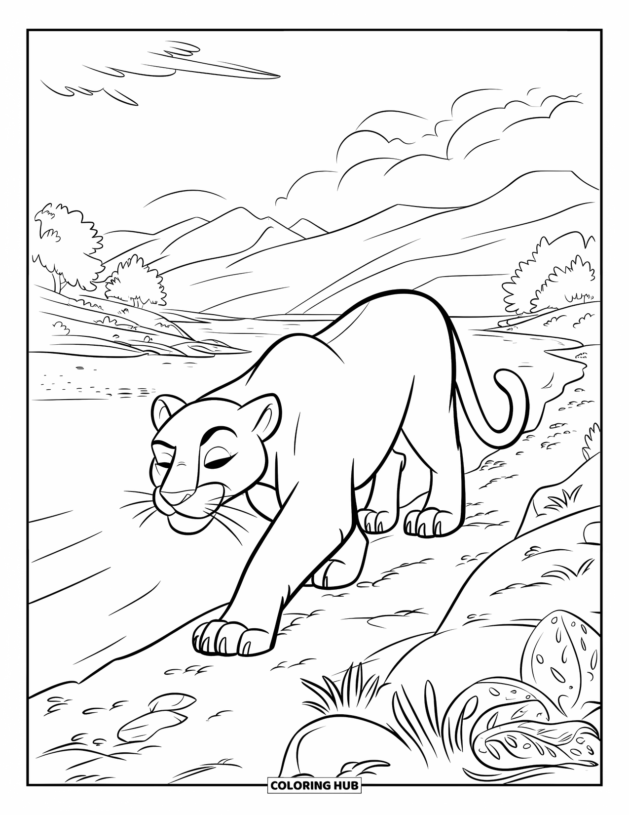 Panther Coloring Page for Kids: A panther with a curled tail walks near the river, under a cloudy sky