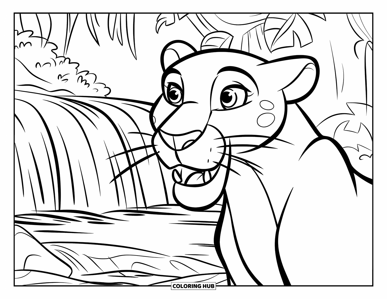 Panther Coloring Page for Kids: A panther with big eyes stands near a waterfall and leafy jungle