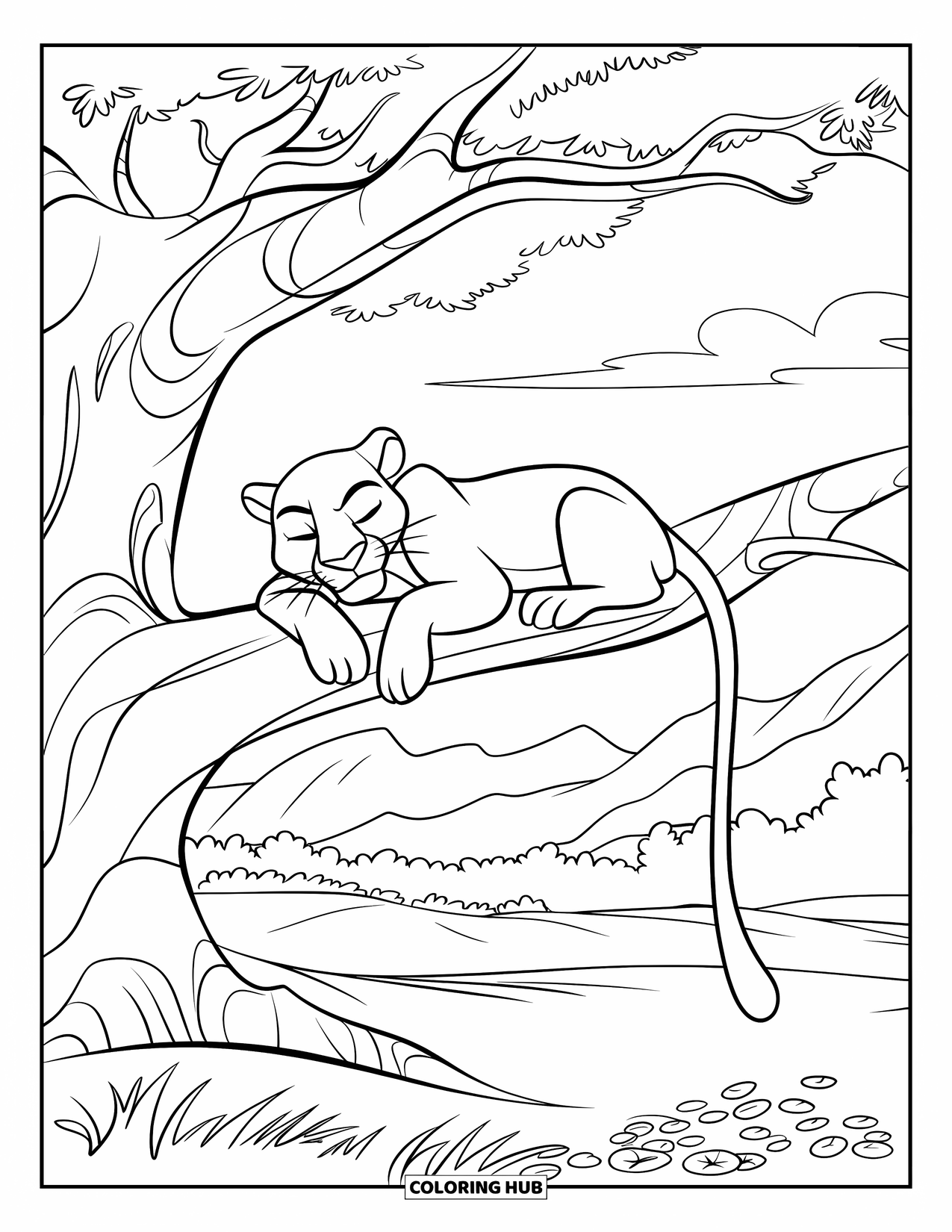 Panther Coloring Page for Kids: A peaceful panther naps on a high tree branch in a quiet forest