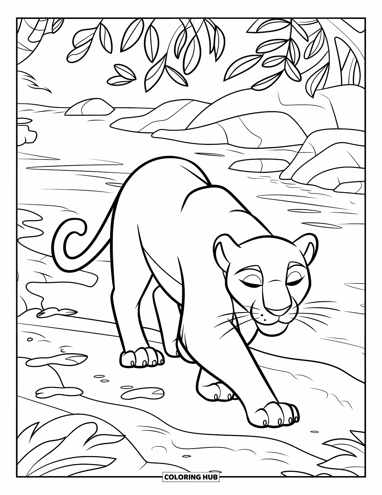 Panther Coloring Page for Kids: A relaxed panther with a curled tail walks near a leafy riverbank
