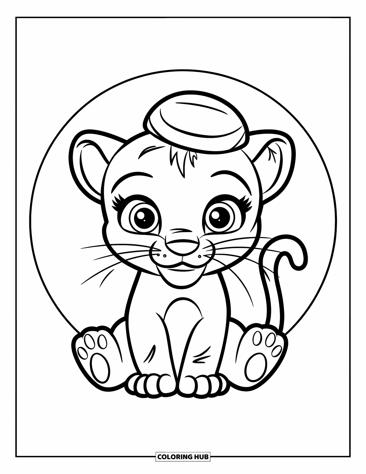Panther Coloring Page for Kids: A round-eyed baby panther in a hat sits quietly in a white circle