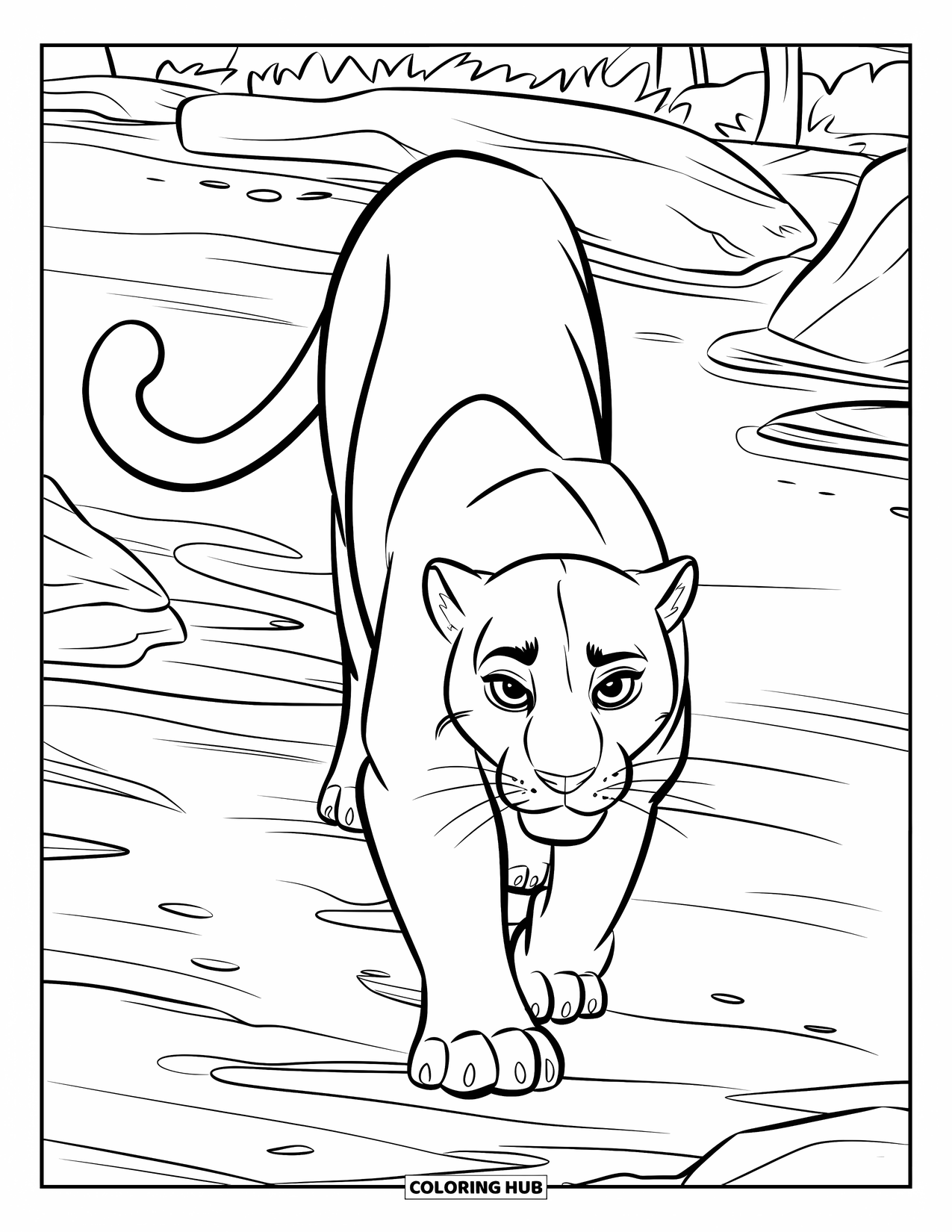 Panther Coloring Page for Kids: A sleek panther with wide eyes walks along a quiet, rocky riverbank