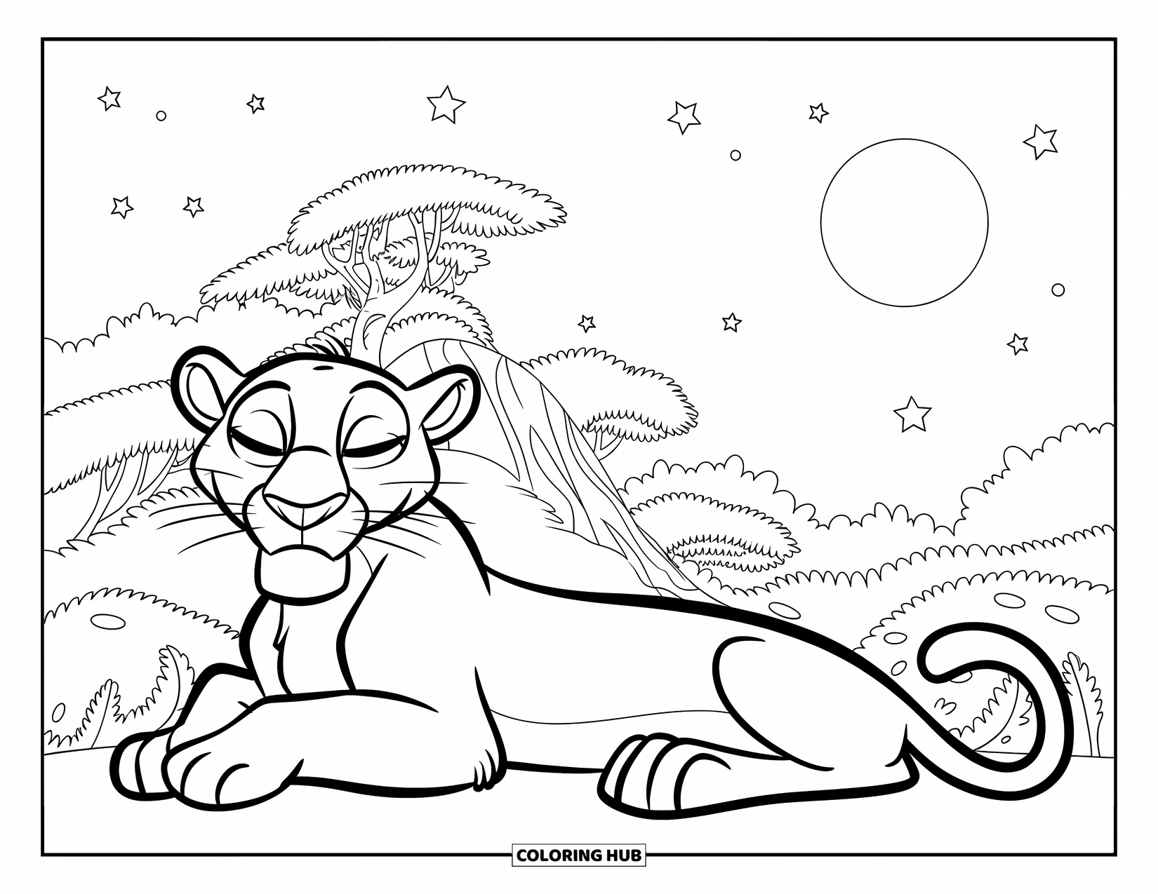 Panther Coloring Page for Kids: A sleepy panther rests peacefully under a glowing moon near a jungle hill
