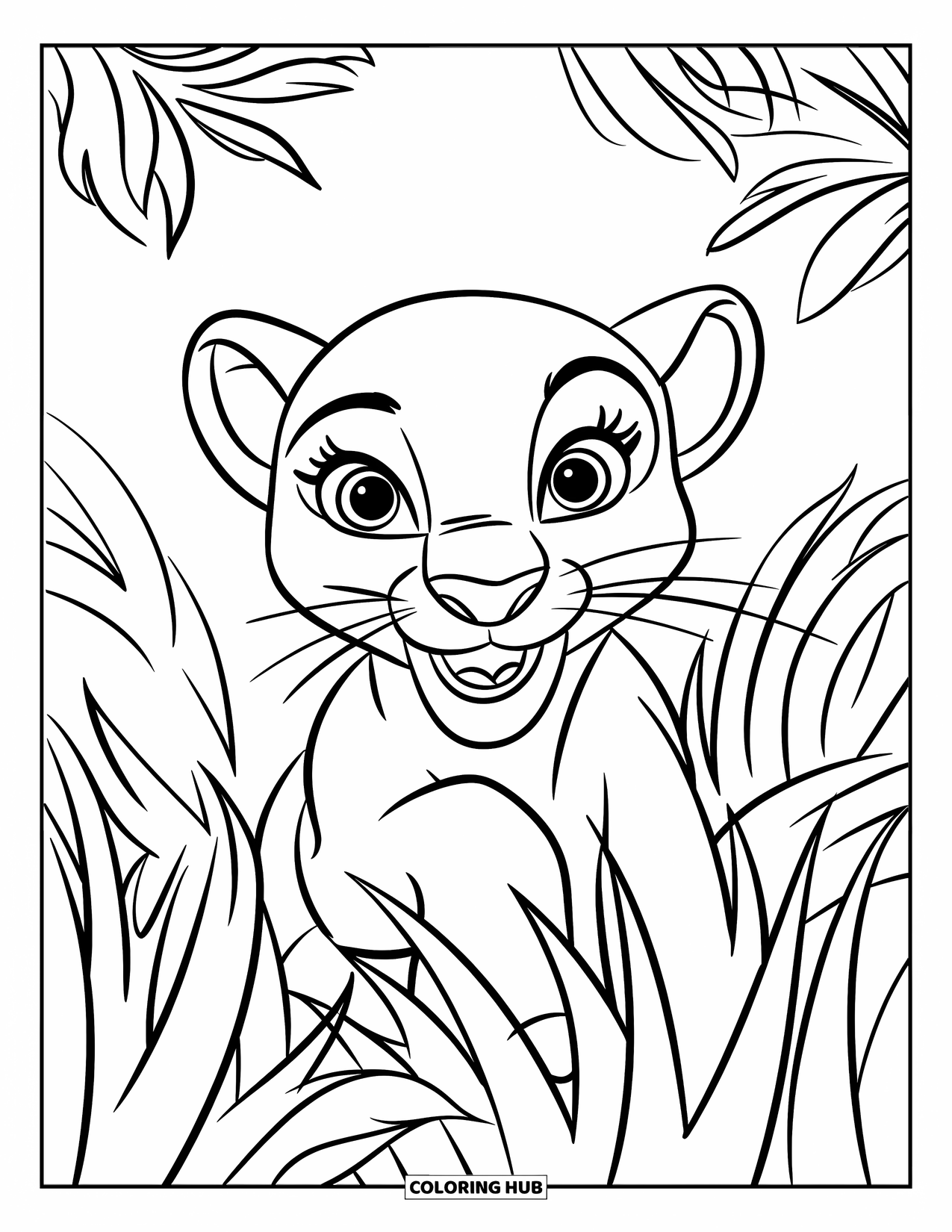 Panther Coloring Page for Kids: A smiling cub peeks playfully out from tall jungle grass