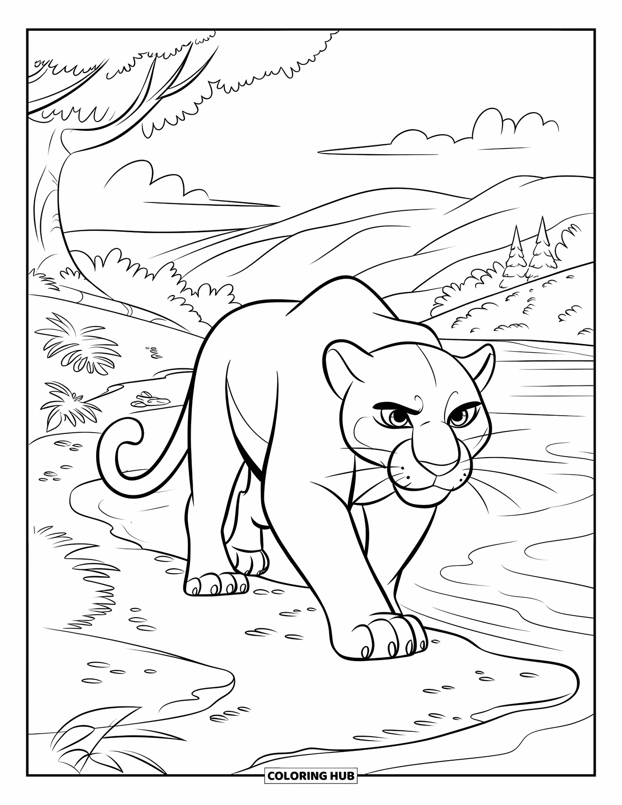 Panther Coloring Page for Kids: A strong panther walks near water and trees, with its tail curled and claws out