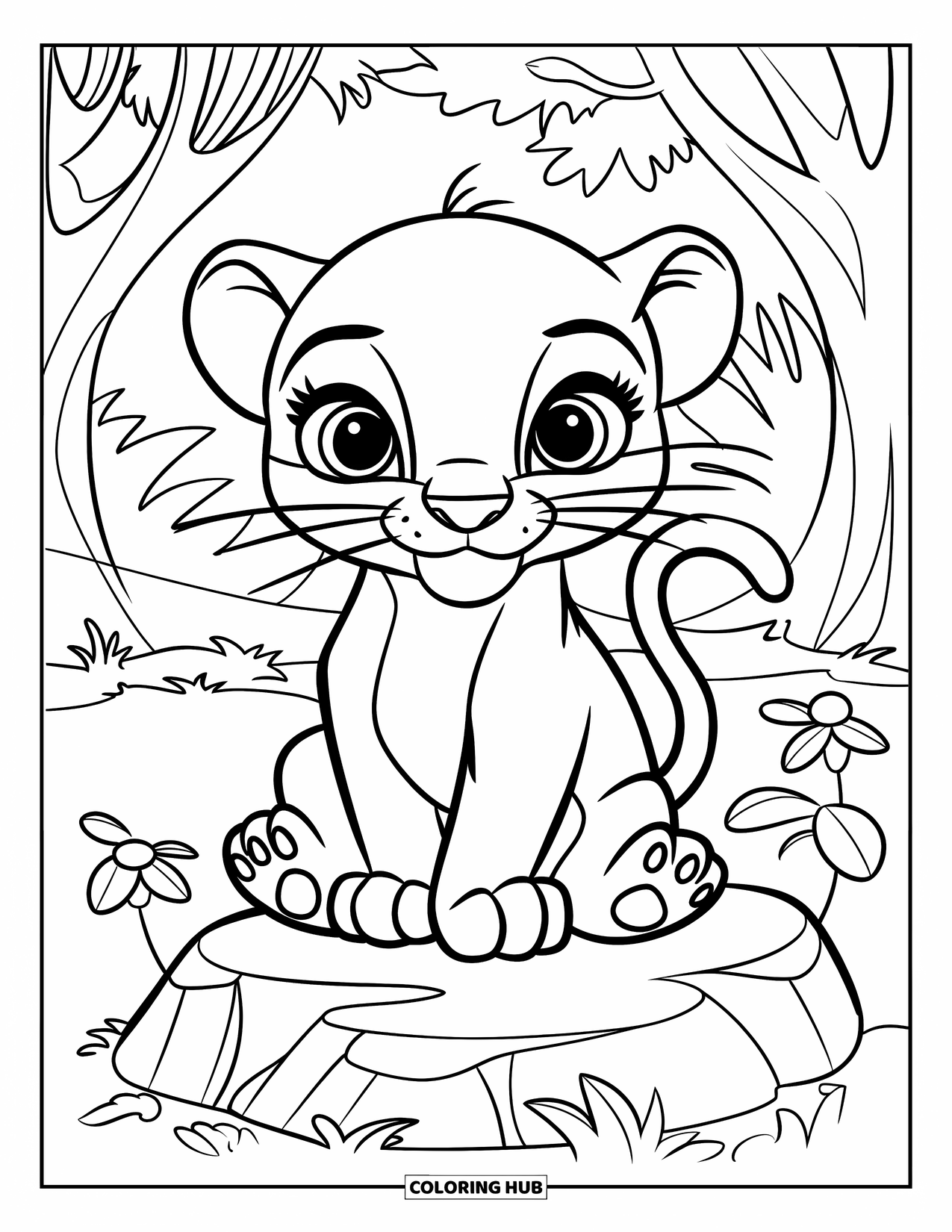 Panther Coloring Page for Kids: A sweet baby panther with big eyes sits on a rock near leaves and flowers