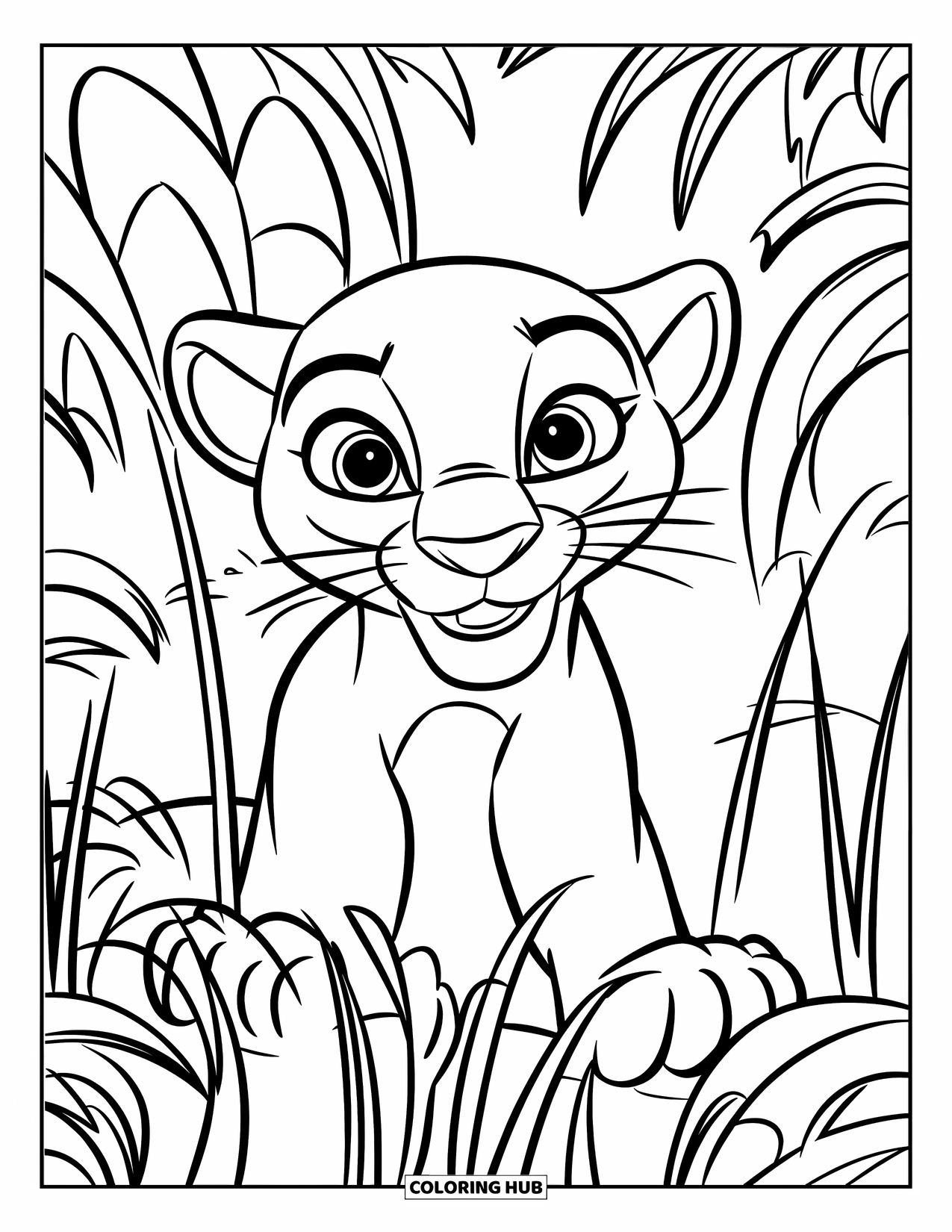 Panther Coloring Page for Kids: A wide-eyed cub sits in tall grass with a cheerful gaze