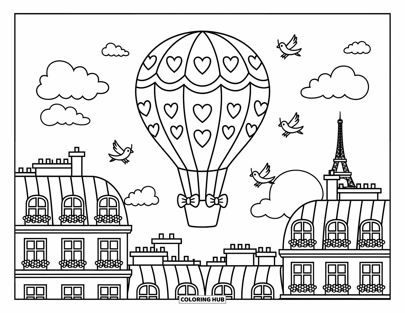 Paris Coloring Page for Adults: A balloon with bows floats above chimney rooftops, flowers, and the Paris skyline