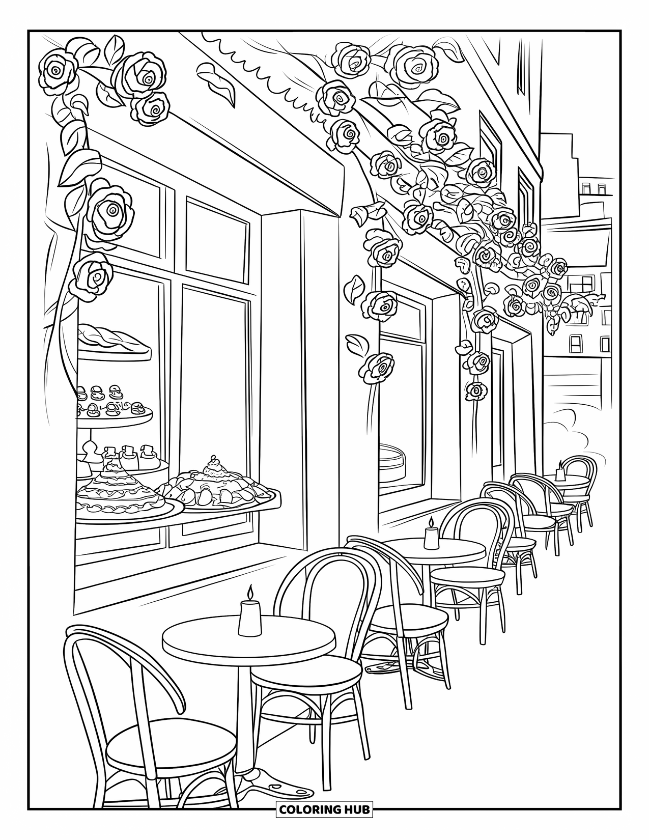 Paris Coloring Page for Adults: A candlelit café with pastries, climbing roses, and cozy twilight vibes