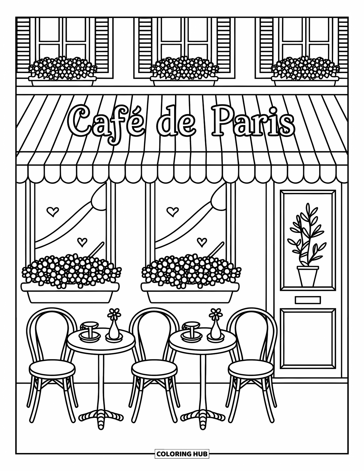 Paris Coloring Page for Adults: A charming cafÈ has croissants and flowers on round tables with a striped sign above
