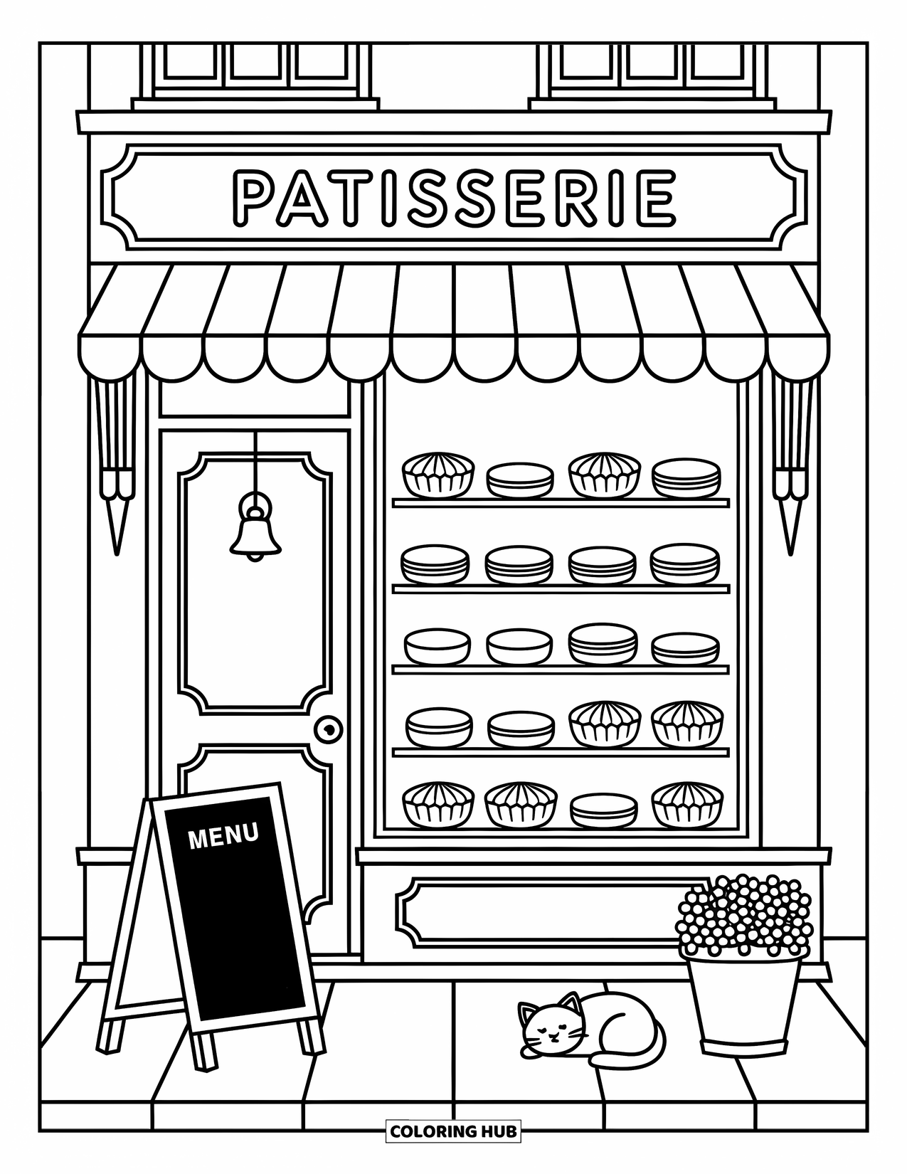 Paris Coloring Page for Adults: A cheerful patisserie with desserts and a sleeping cat invites passersby to stop and smile