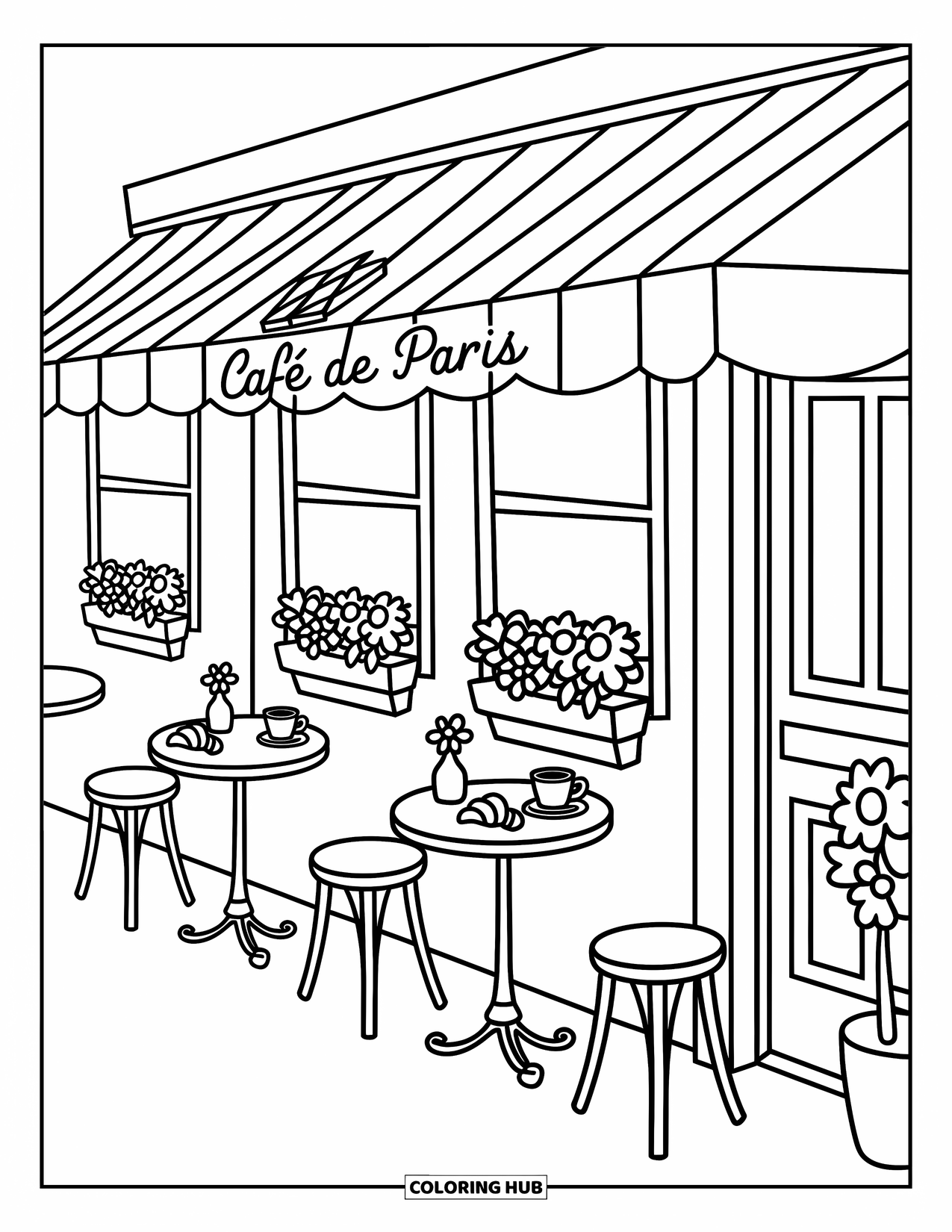 Paris Coloring Page for Adults: A cozy sidewalk cafÈ features croissants, tea, and flowers under a cute striped awning