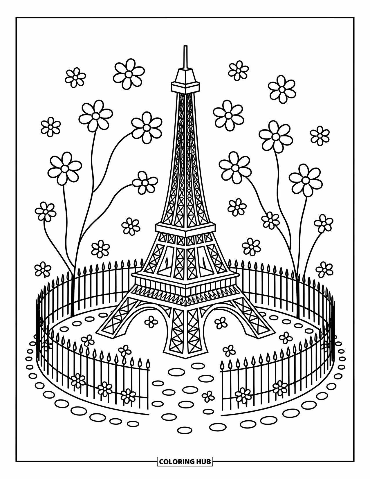 Paris Coloring Page for Adults: A cute Eiffel Tower stands surrounded by flowers and petals on cobbled ground