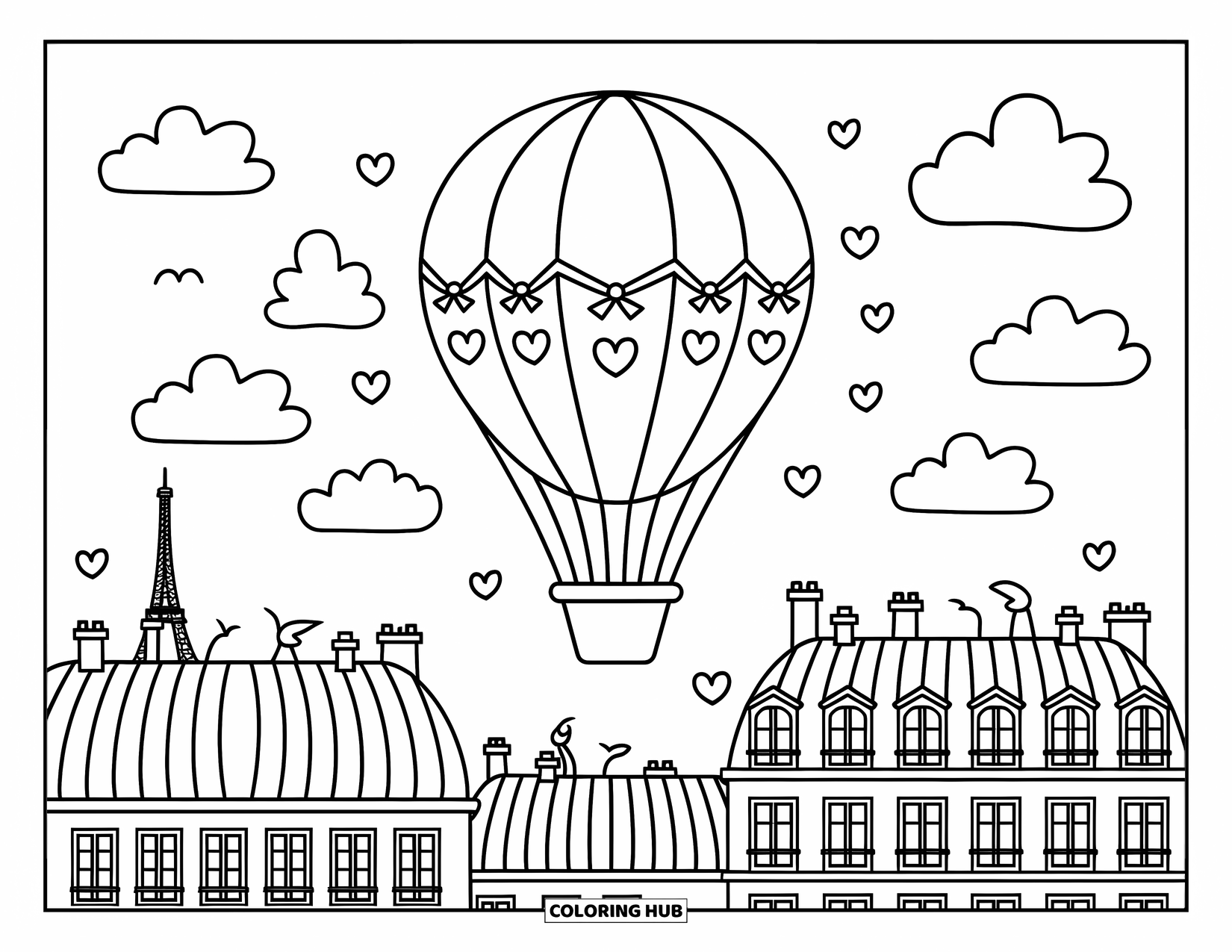 Paris Coloring Page for Adults: A cute hot air balloon drifts over Paris rooftops with birds and distant Eiffel views