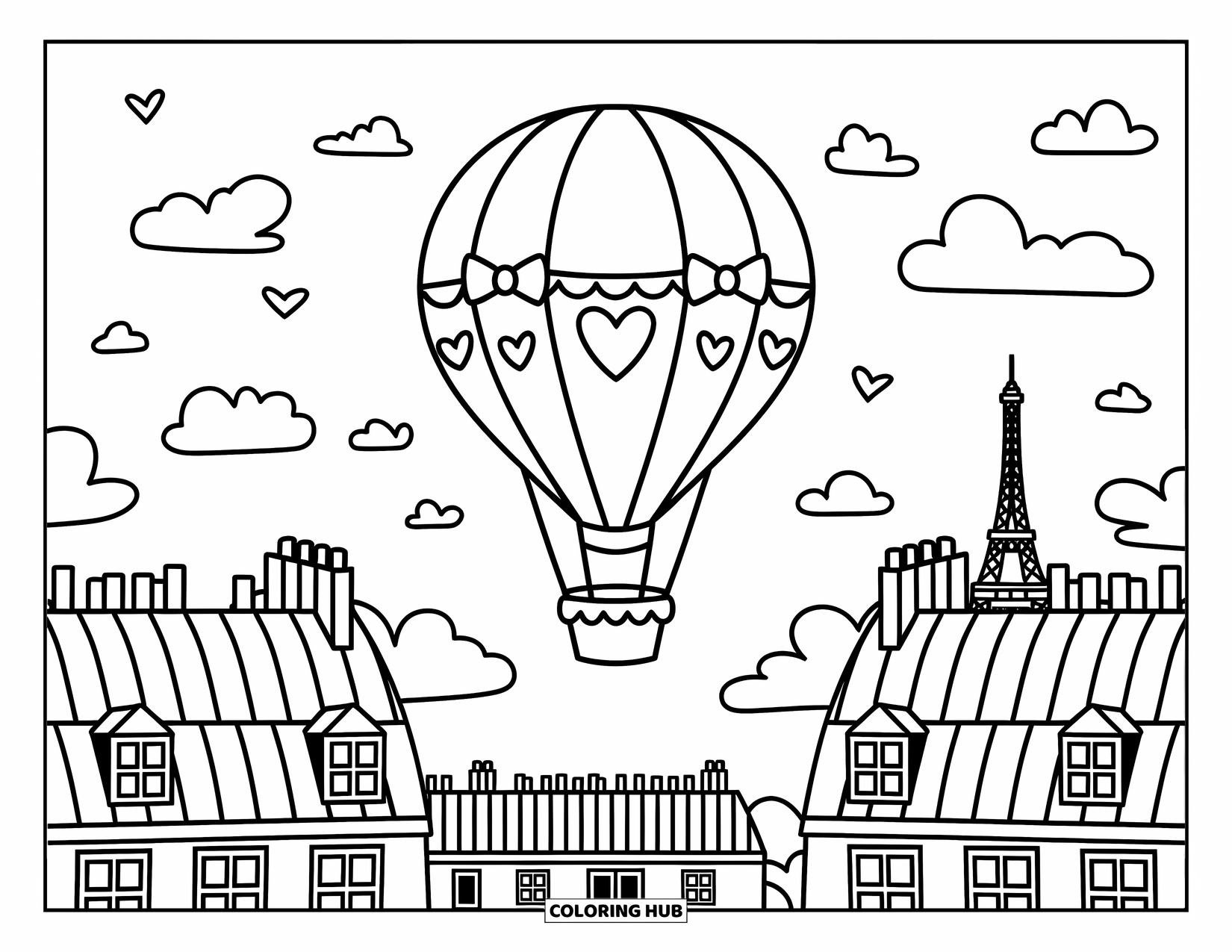 Paris Coloring Page for Adults: A heart-patterned balloon floats above Paris rooftops with birds, clouds, and the Eiffel Tower