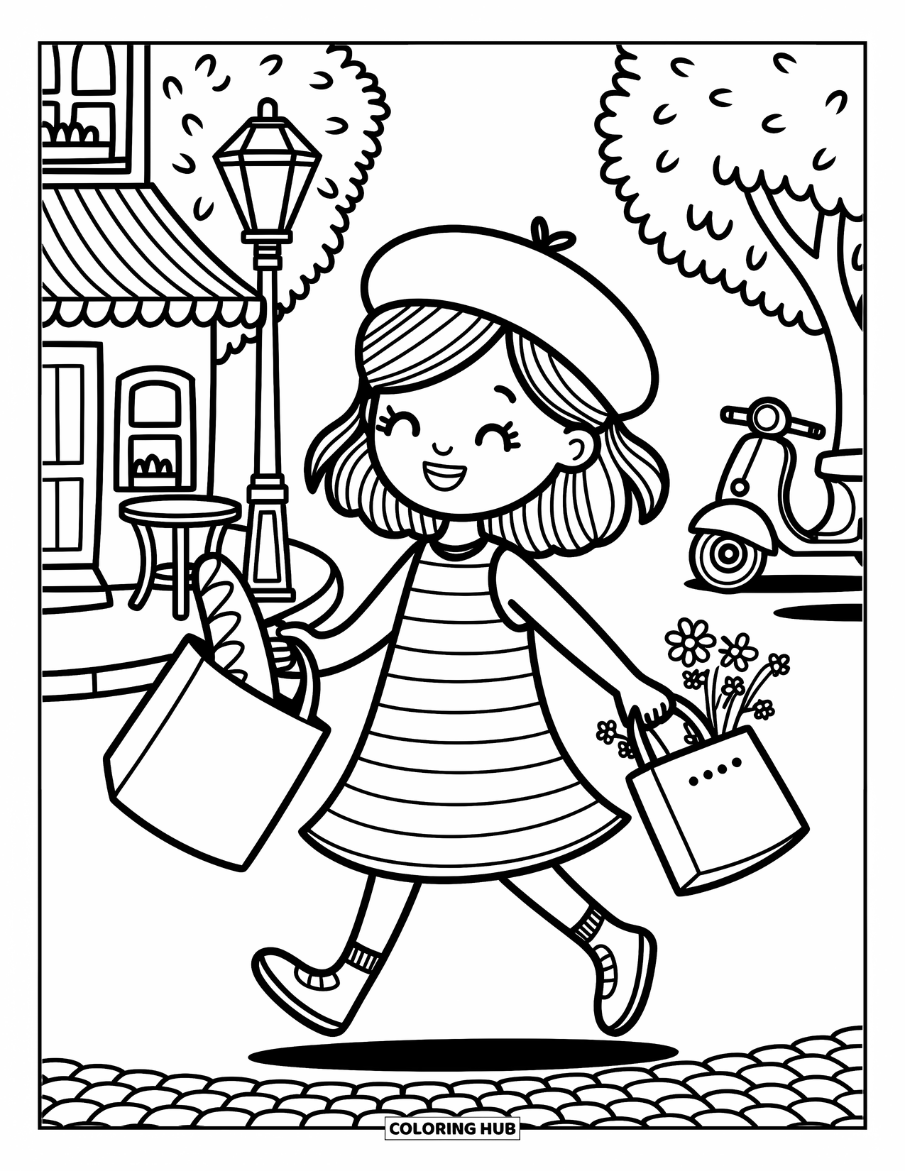 Paris Coloring Page for Adults: A joyful girl skips past a Paris cafÈ, holding flowers and a warm baguette