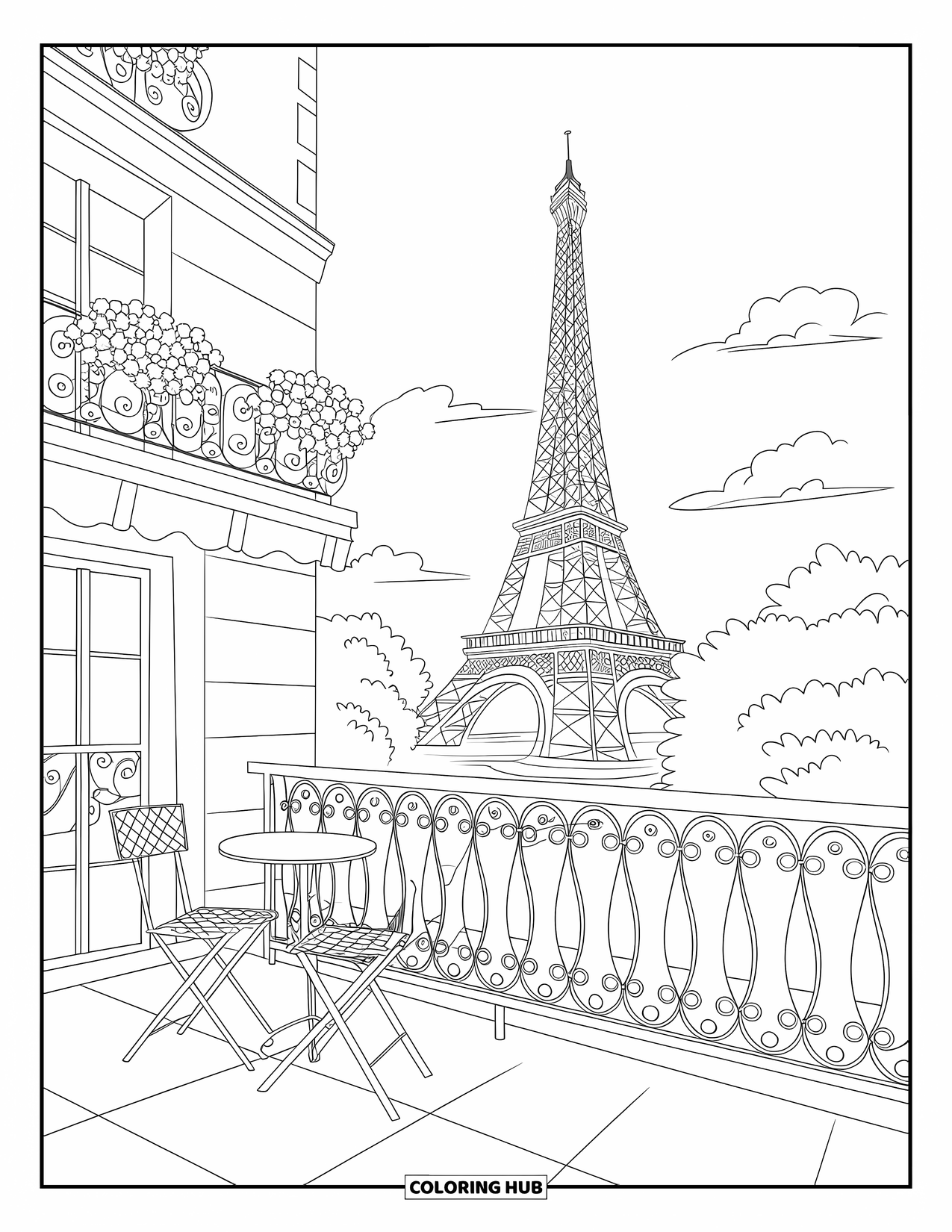 Paris Coloring Page for Adults: A peaceful Eiffel view from a balcony with flowers and soft morning light