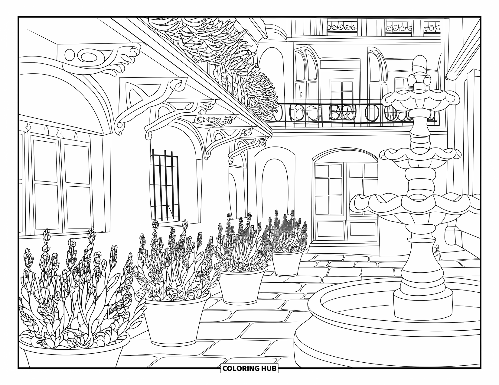 Paris Coloring Page for Adults: A quiet Paris courtyard with a fountain, balconies, and rows of potted lavender