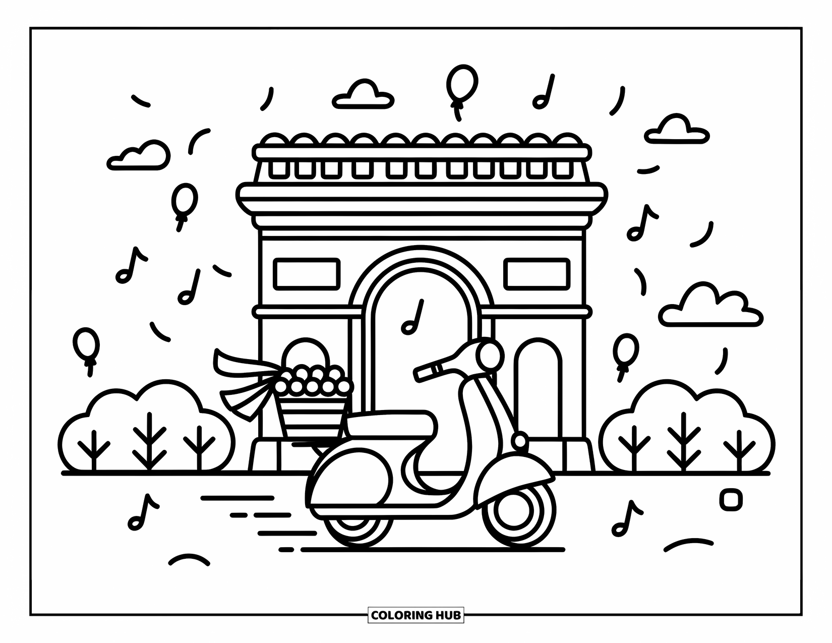Paris Coloring Page for Adults: A ribboned scooter zooms past the Arc de Triomphe with balloons and leafy bushes nearby