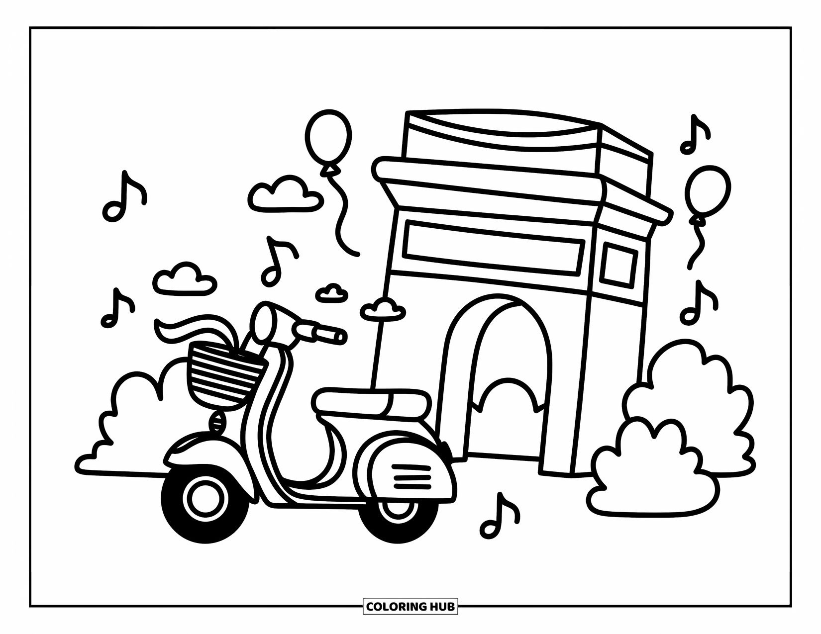 Paris Coloring Page for Adults: A scooter with a bow speeds past the Arc de Triomphe and playful balloon accents
