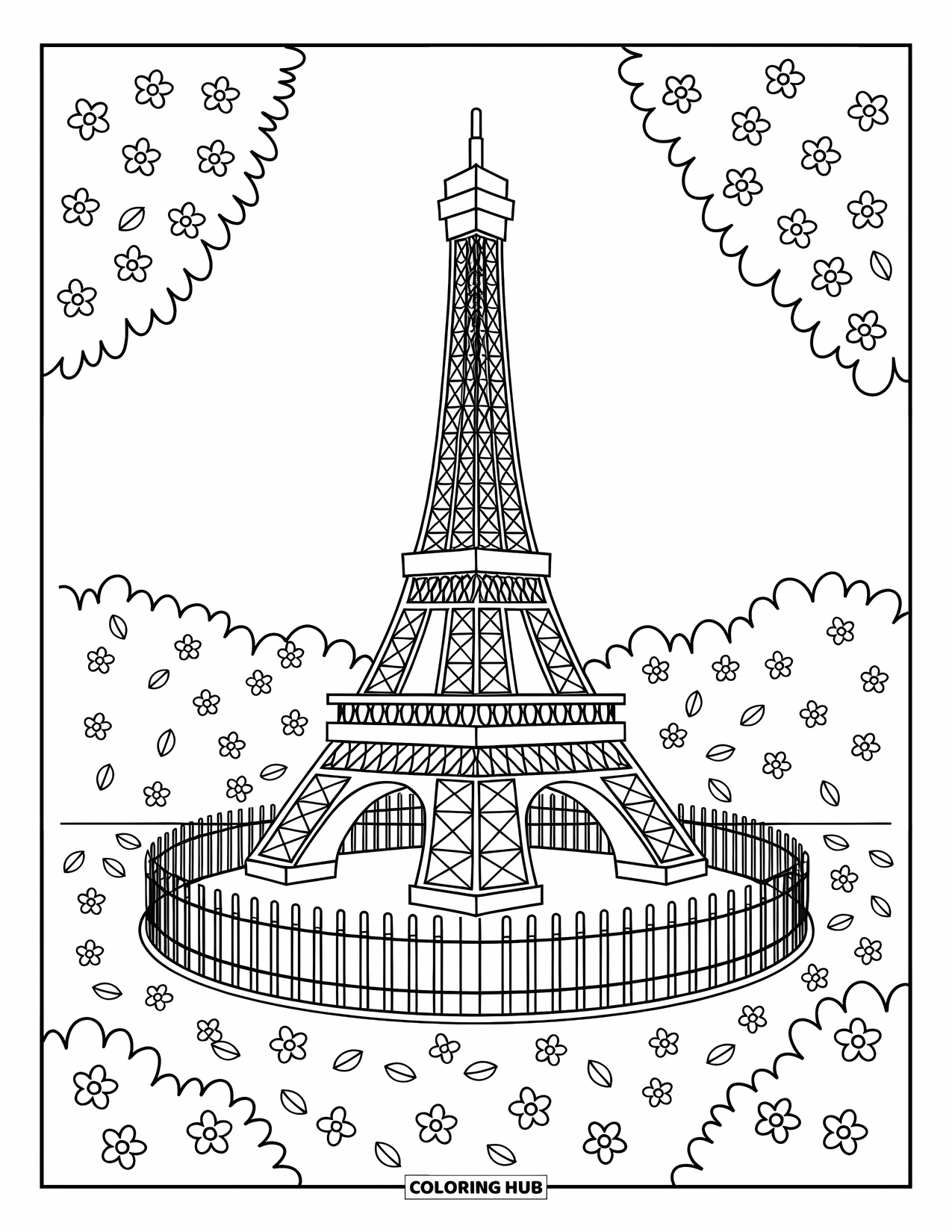 Paris Coloring Page for Adults: A simplified Eiffel Tower sits in a garden with cobblestones, petals, and a dainty fence