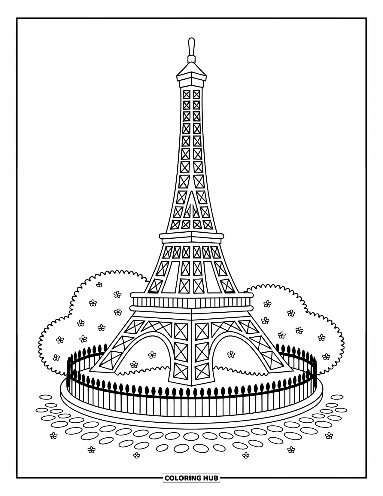 Paris Coloring Page for Adults: A simplified Eiffel Tower stands with flowers, cobblestones, and a small iron fence