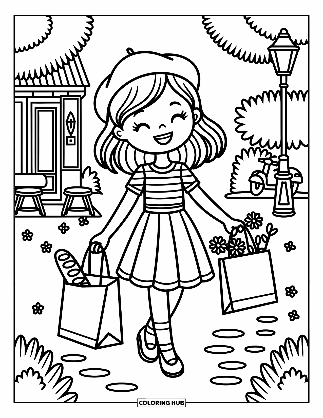 Paris Coloring Page for Adults: A smiling girl with flowers and baguette strolls a tree-lined street with a scooter nearby