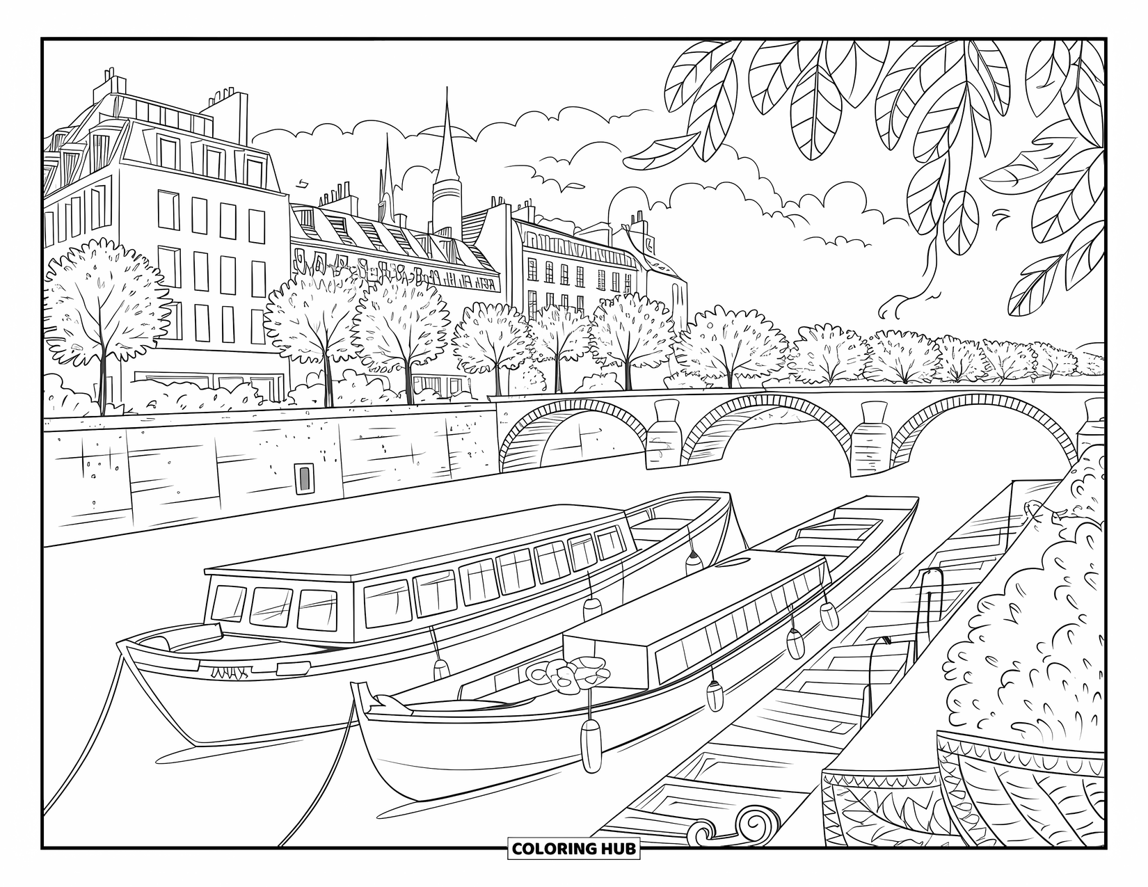 Paris Coloring Page for Adults: Boats rest by the Seine, under stone bridges and timeless Paris spires