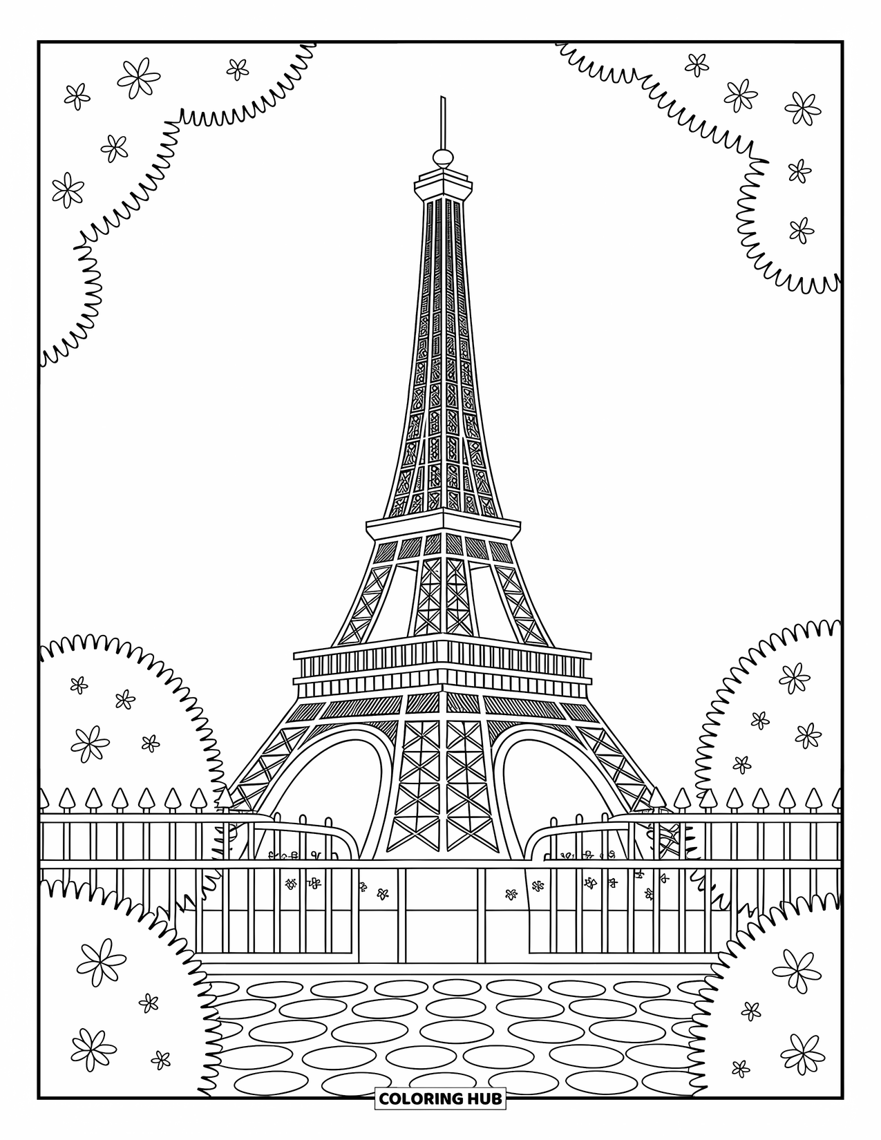Paris Coloring Page for Adults: The Eiffel Tower rises among flowers, cobblestones, and a playful round fence