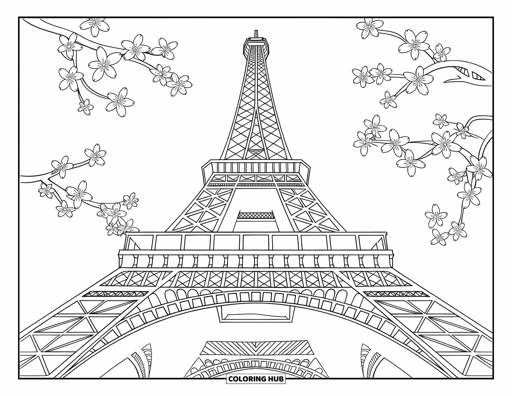 Paris Coloring Page for Kids: A bold view of the Eiffel Tower, surrounded by blooming cherry blossom branches