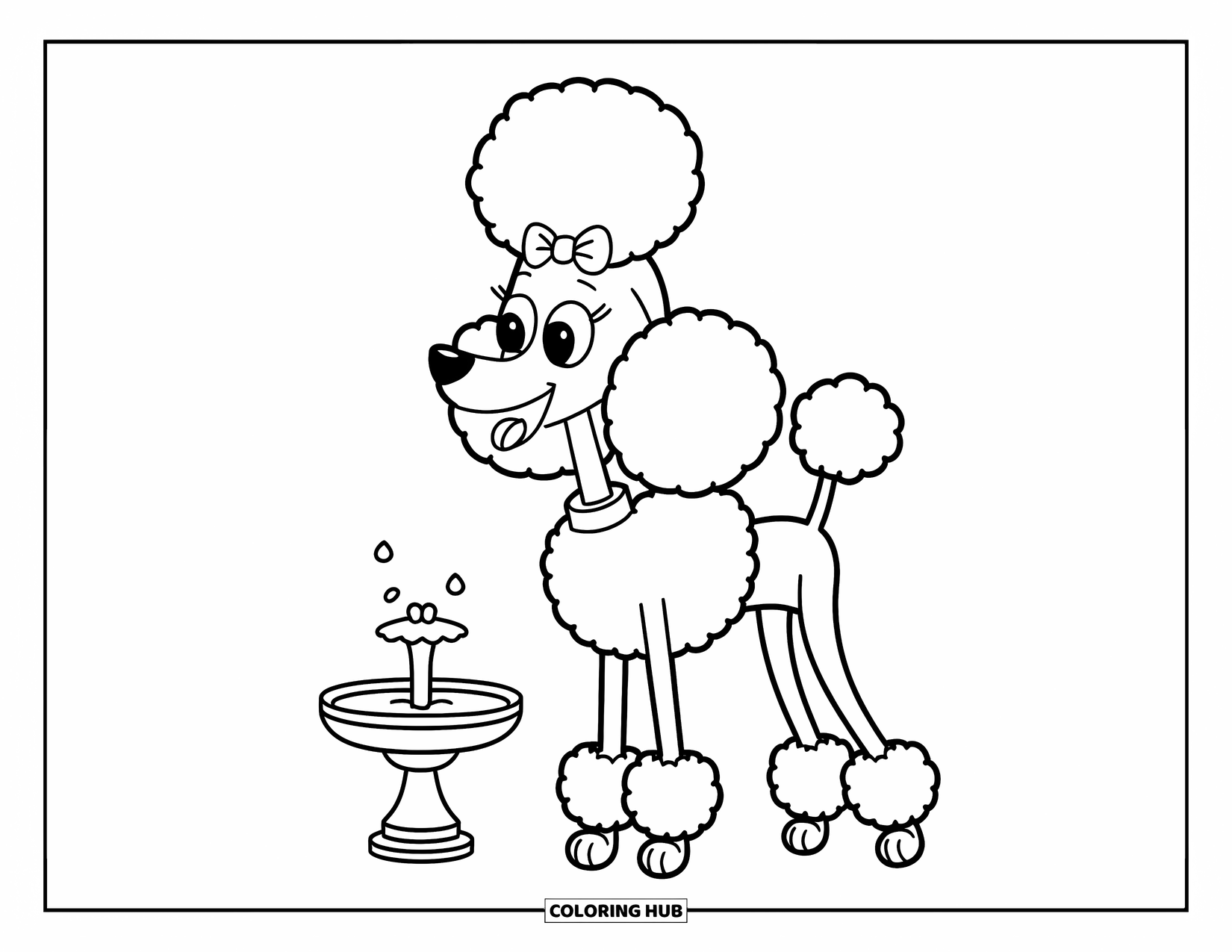 Paris Coloring Page for Kids: A bow-wearing poodle stands near a small fountain with a few splashing droplets