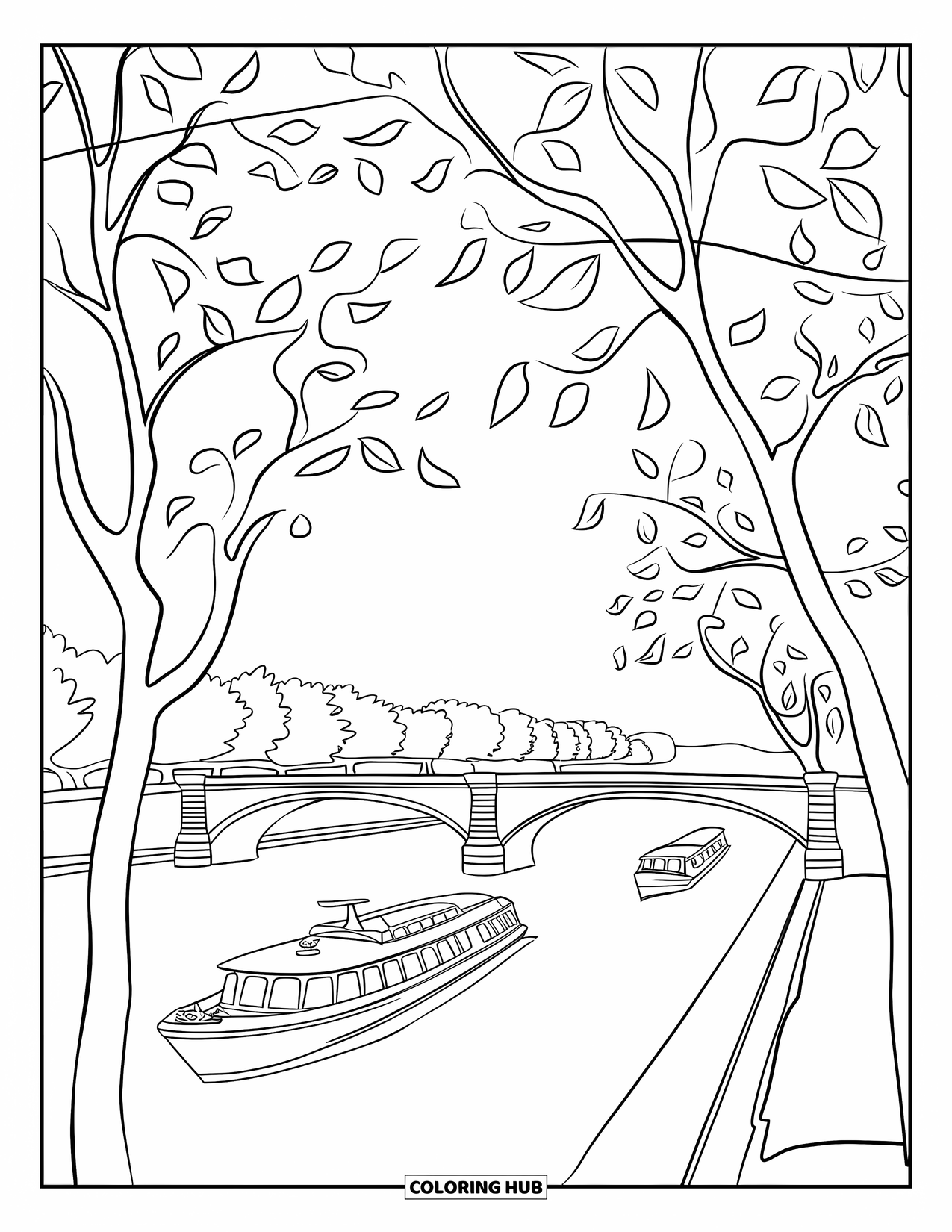Paris Coloring Page for Kids: A calm boat floats on the Seine River beneath leafy trees and bridges
