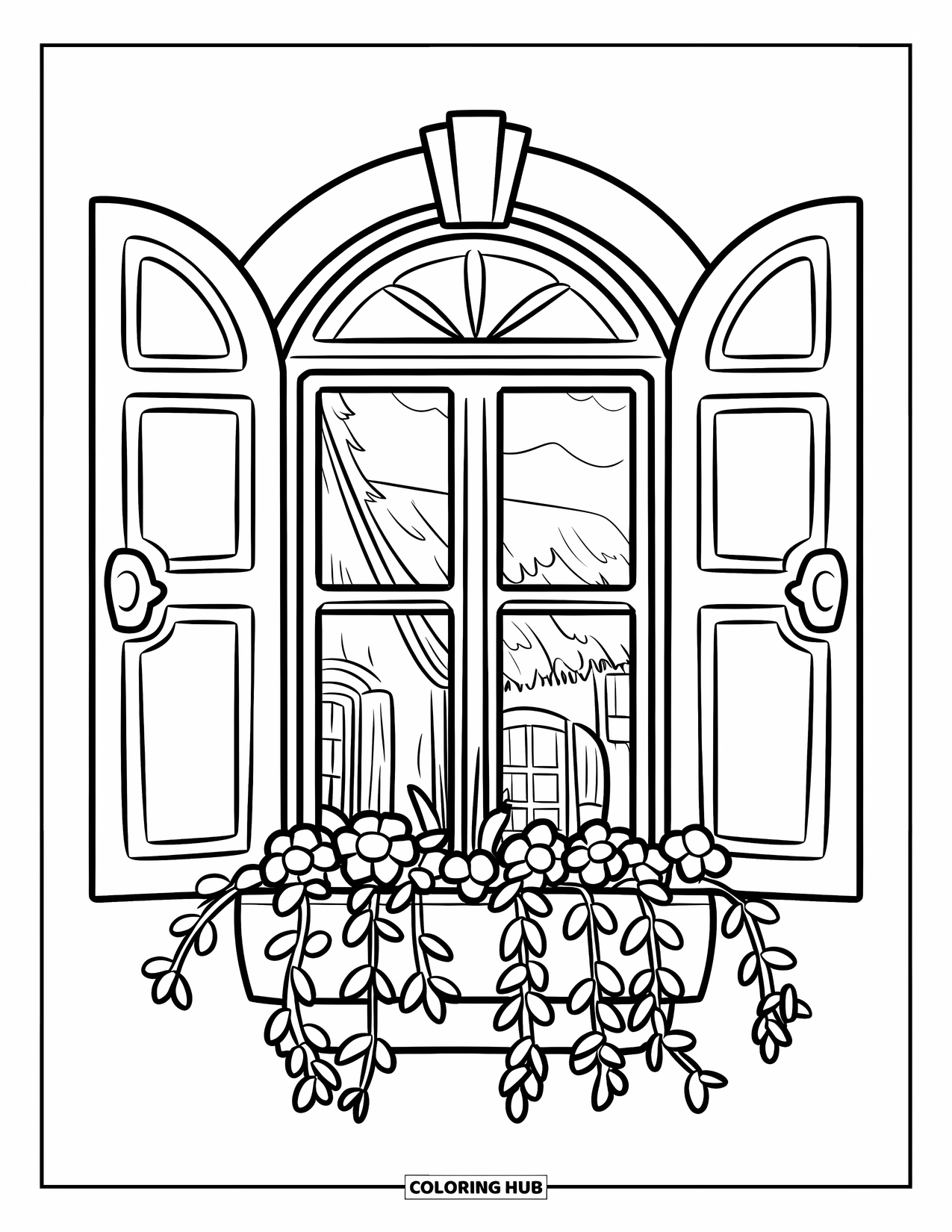 Paris Coloring Page for Kids: A charming window with bold shutters and a flower pot looks out on a cottage