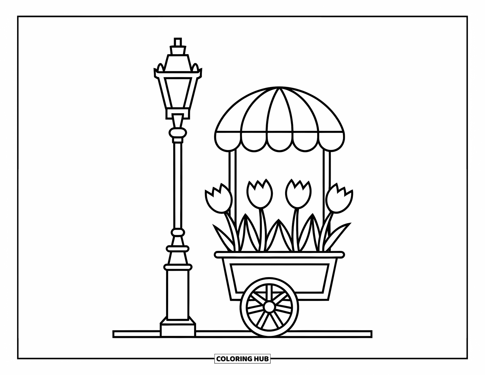 Paris Coloring Page for Kids: A cheerful flower cart full of tulips stands beside a simple Paris street lamp