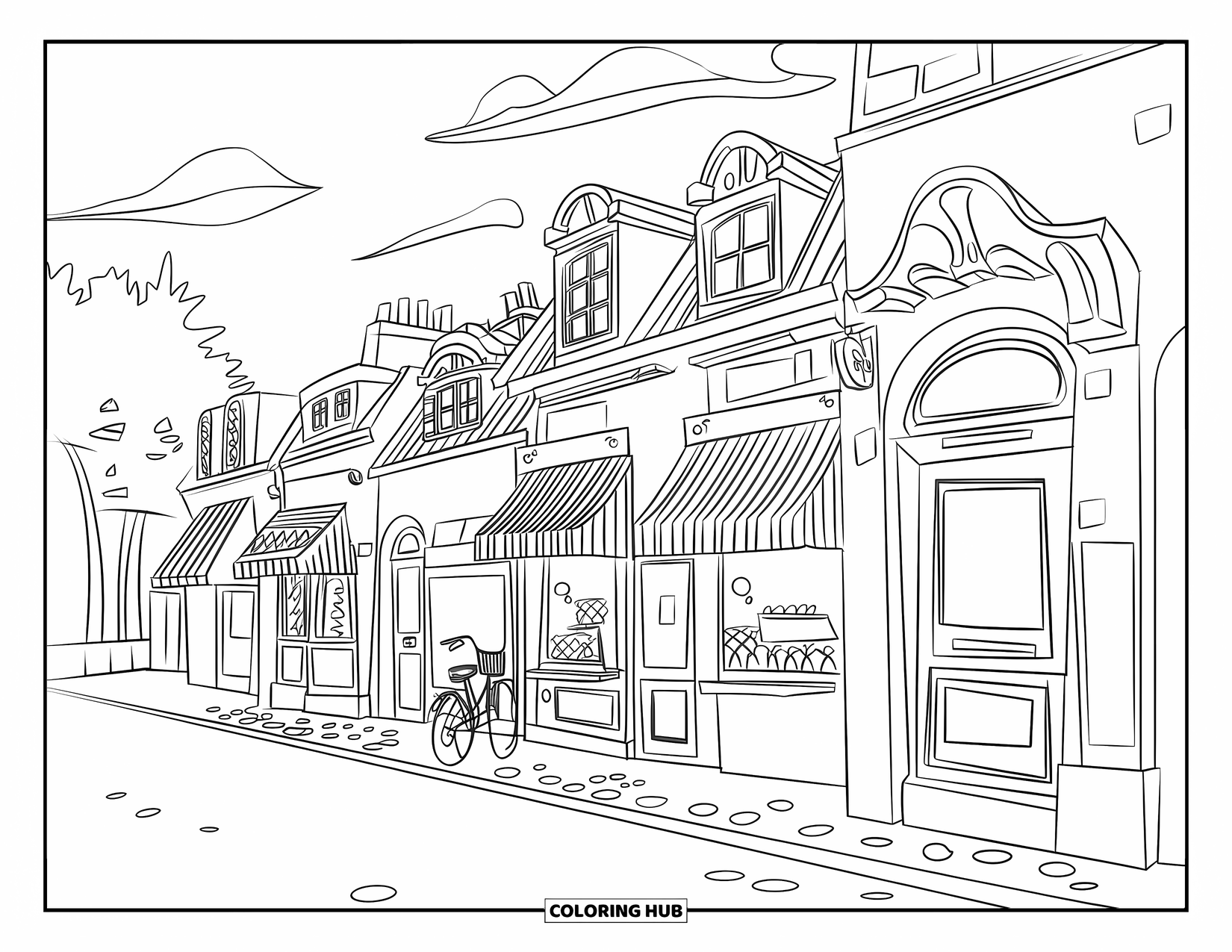 Paris Coloring Page for Kids: A cozy Paris street features little shops, awnings, and trees under a clouded sky