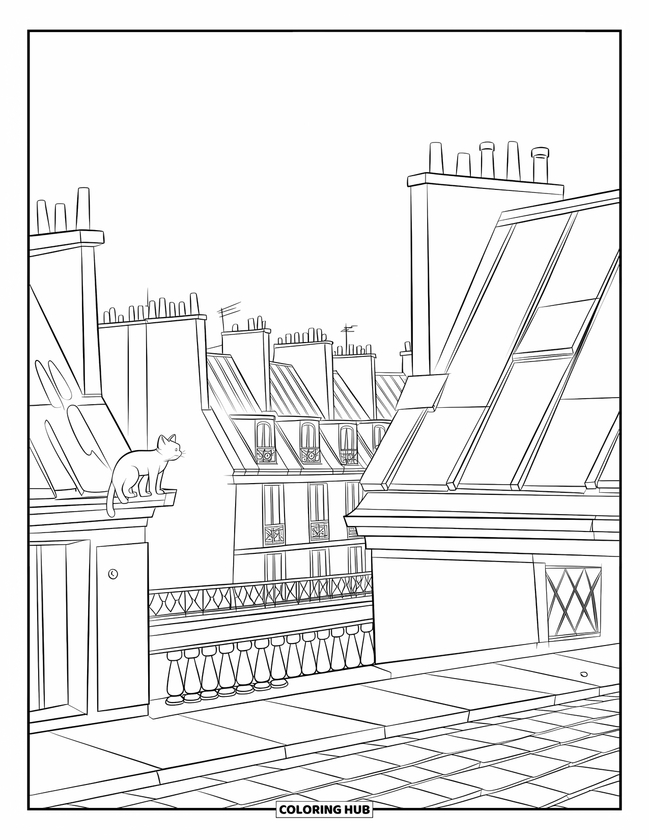 Paris Coloring Page for Kids: A cozy street view of Paris rooftops with chimneys and a lounging cat