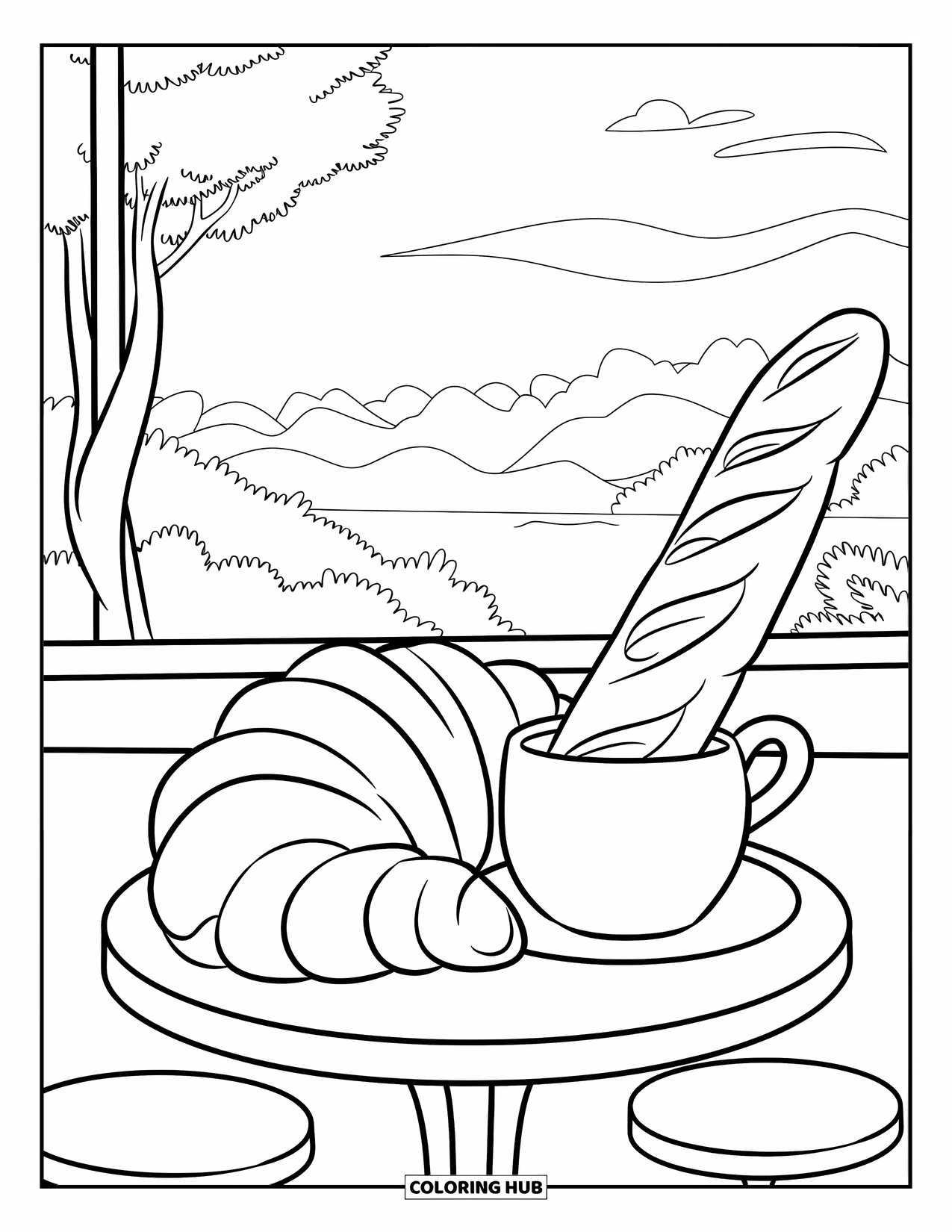 Paris Coloring Page for Kids: A croissant and baguette sit near a window with a view of trees and water