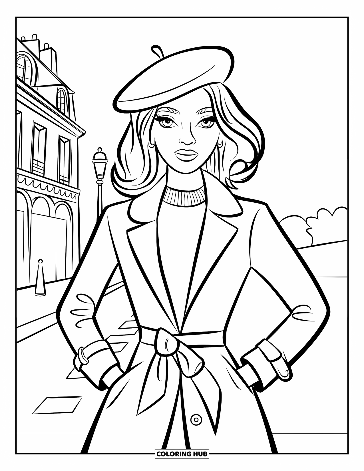 Paris Coloring Page for Kids: A fashionista in a beret stands stylishly on a Paris street