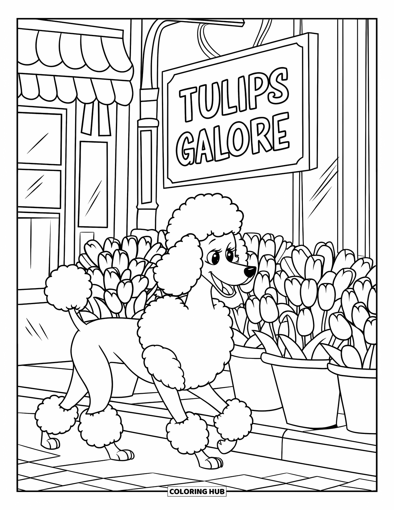 Paris Coloring Page for Kids: A happy poodle strolls past a flower shop named "Tulips Galore"