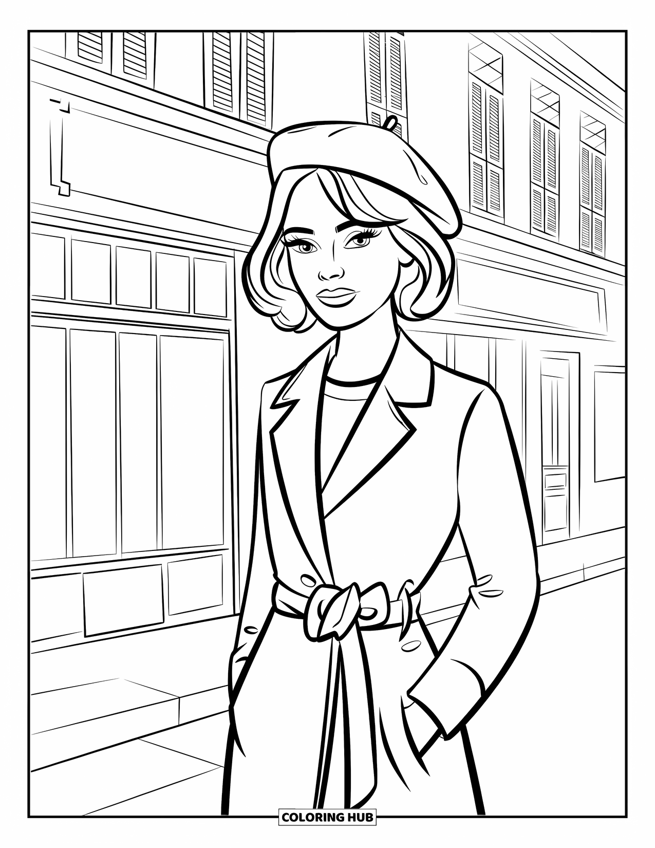 Paris Coloring Page for Kids: A Parisian fashionista stands tall in her coat near detailed buildings