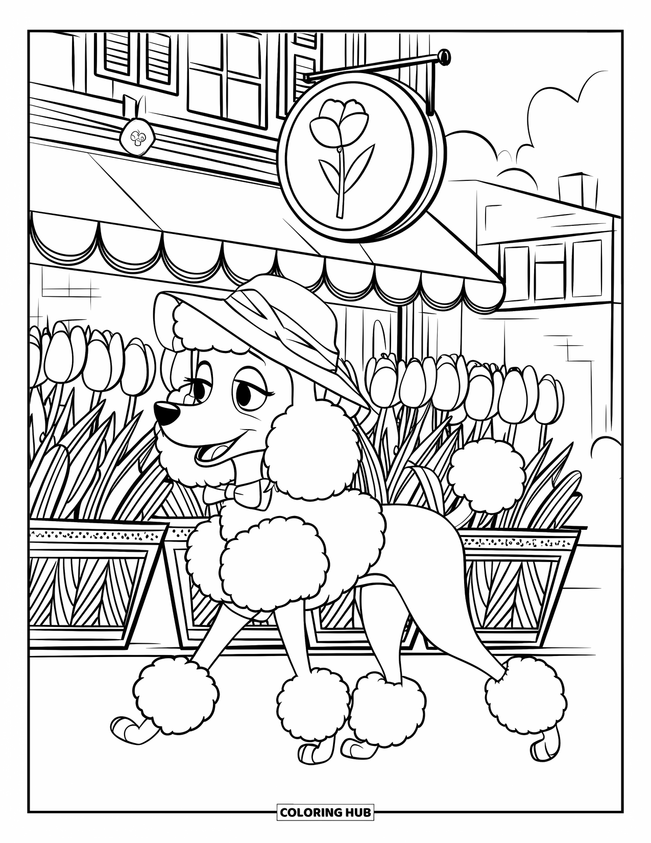 Paris Coloring Page for Kids: A poodle in a hat walks past a flower shop filled with tulips