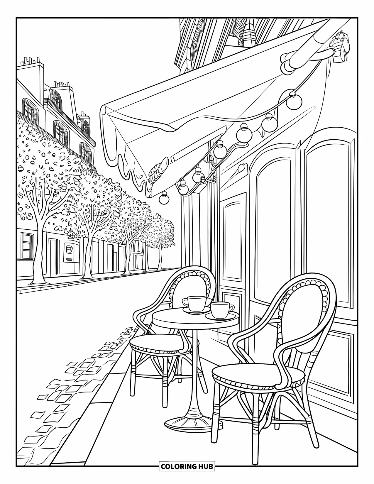 Paris Coloring Page for Kids: A quiet café with string lights and cobblestone charm on a cozy street