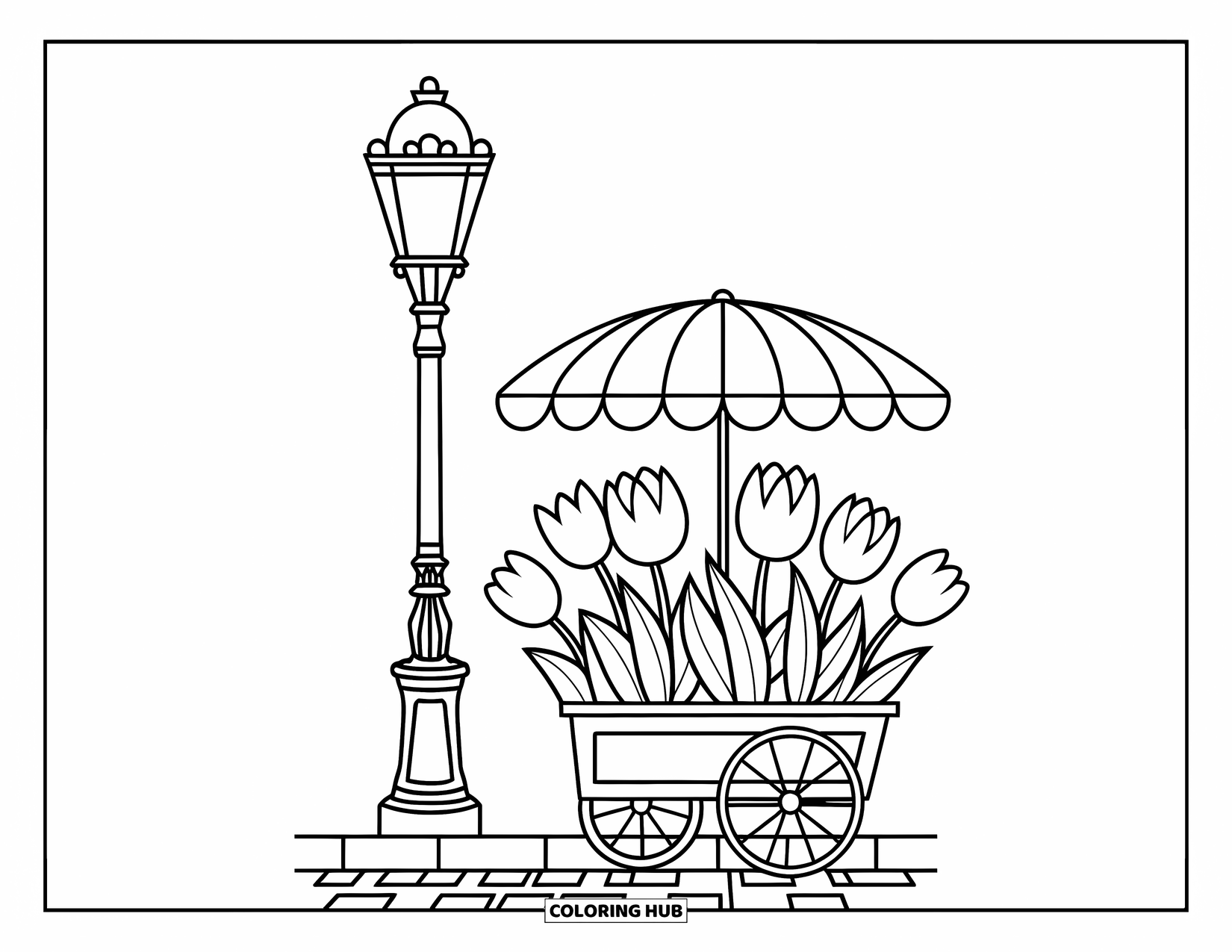 Paris Coloring Page for Kids: A tulip cart and lamp post create a simple, cozy spot on a cobbled street