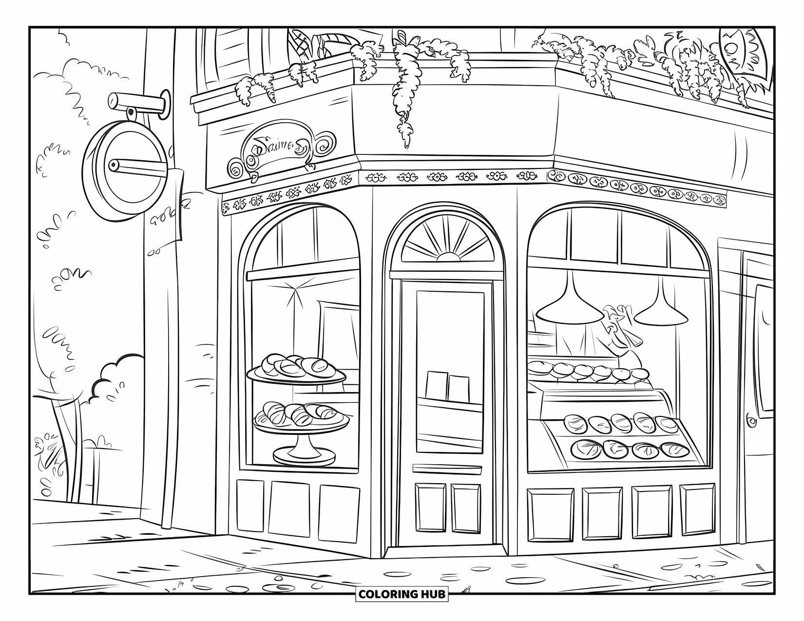 Paris Coloring Page for Kids: A warm bakery scene with pastries, cozy details, and street-side tables