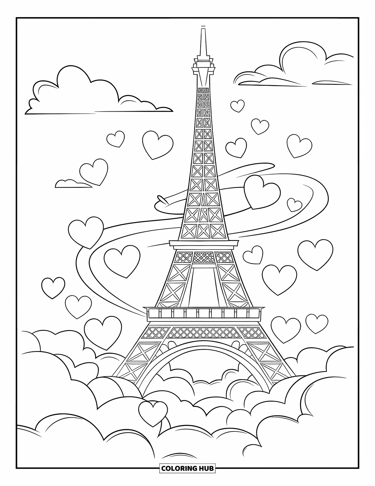 Paris Coloring Page for Kids: Floating hearts and fluffy clouds dance around the Eiffel Tower