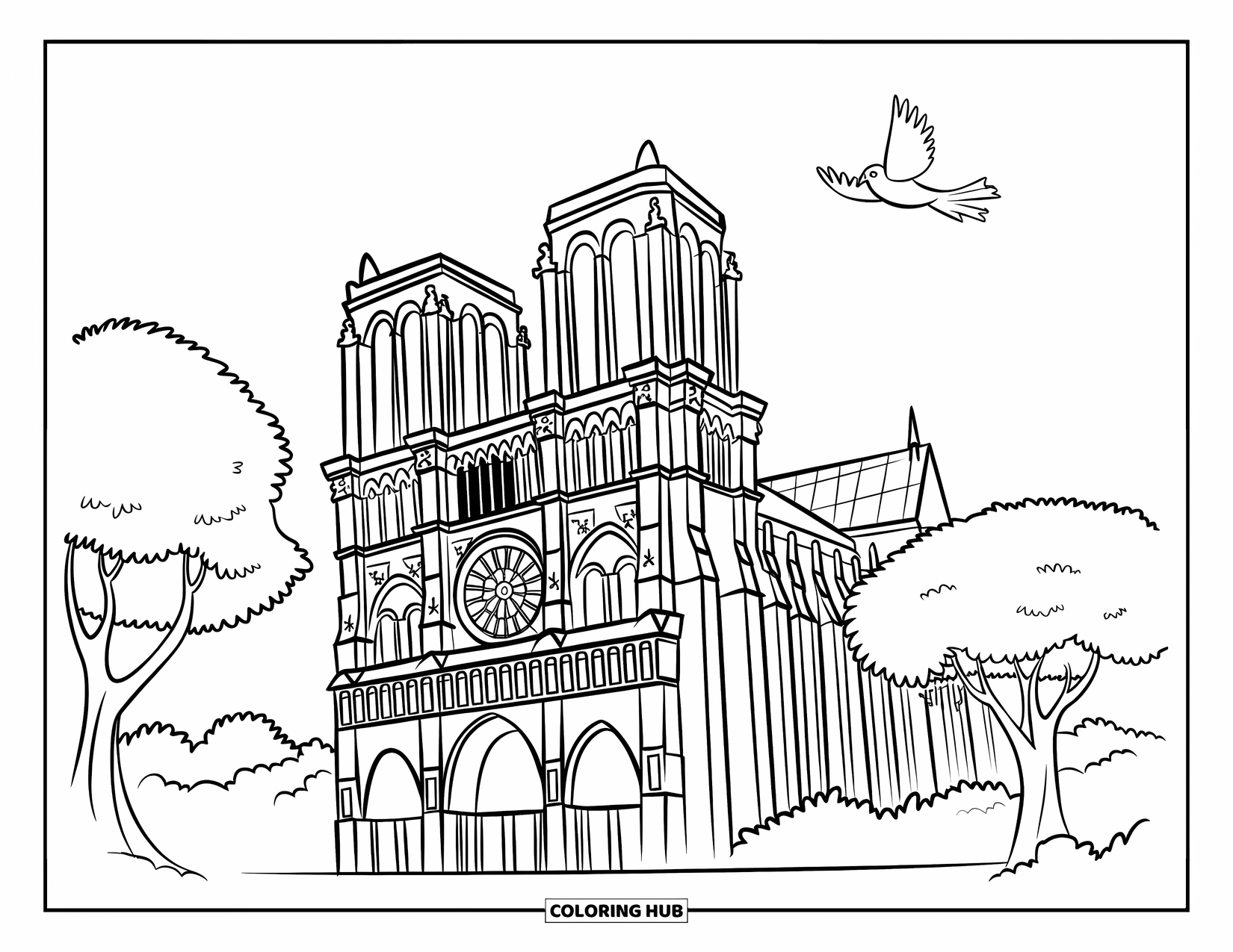 Paris Coloring Page for Kids: Gargoyles and trees surround Notre-Dame while a bird soars by