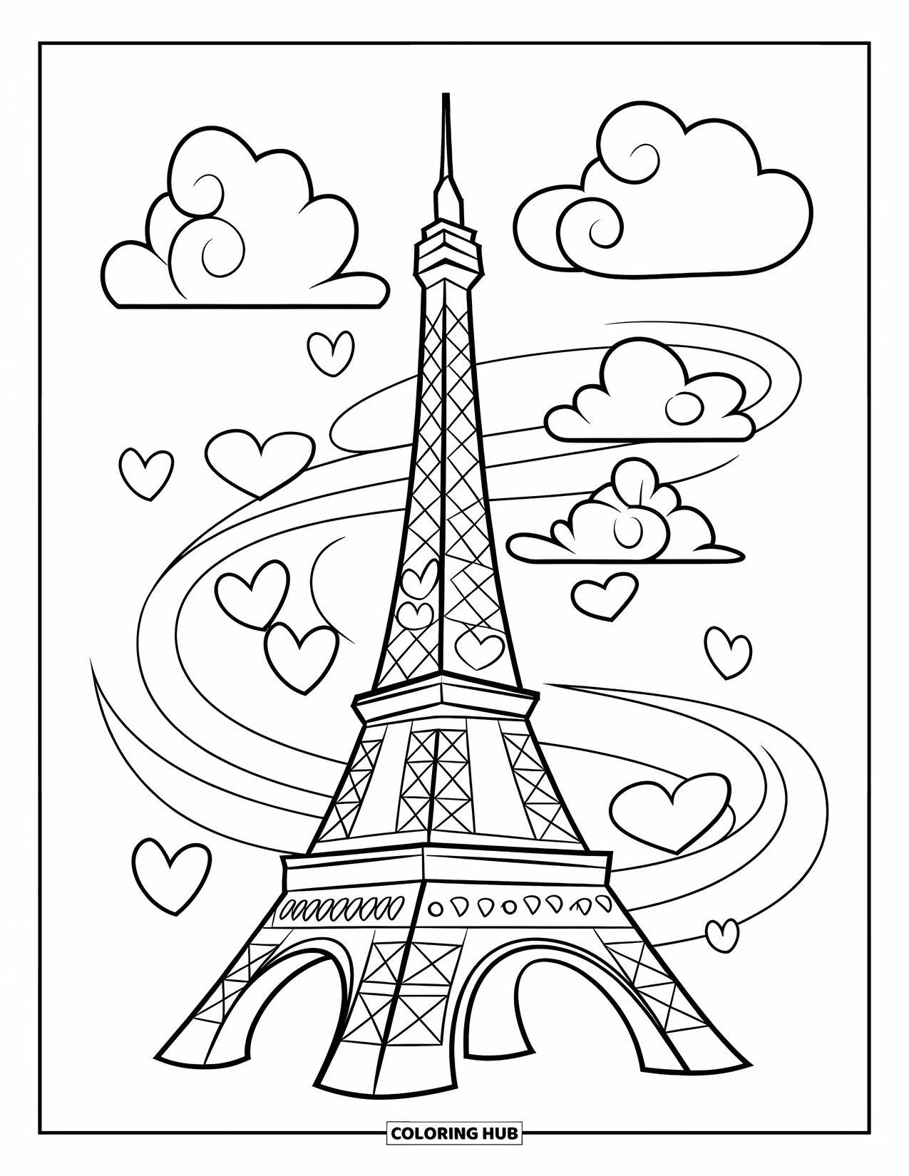 Paris Coloring Page for Kids: Hearts and clouds swirl gently around the Eiffel Tower