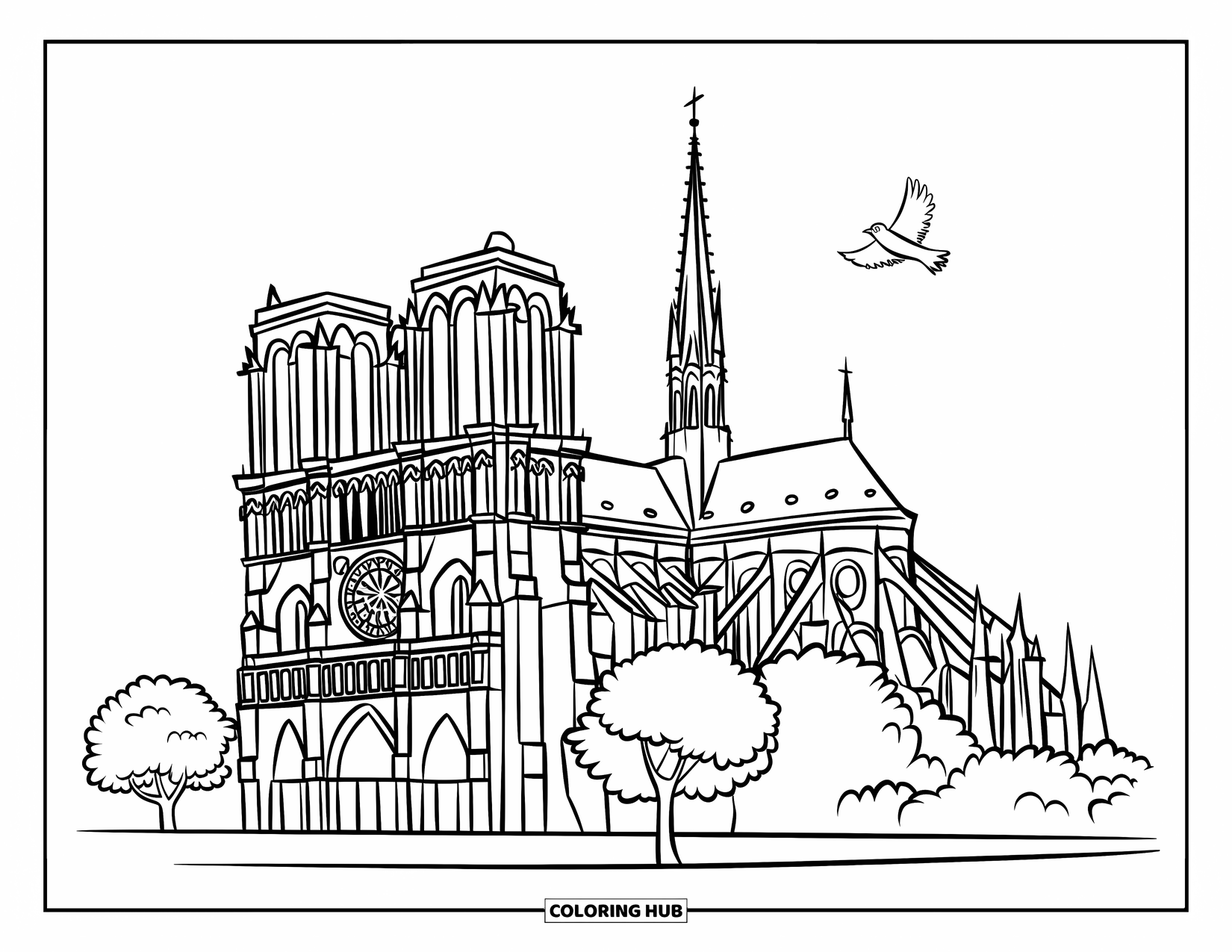 Paris Coloring Page for Kids: Notre-Dame stands tall as a bird flies past leafy trees