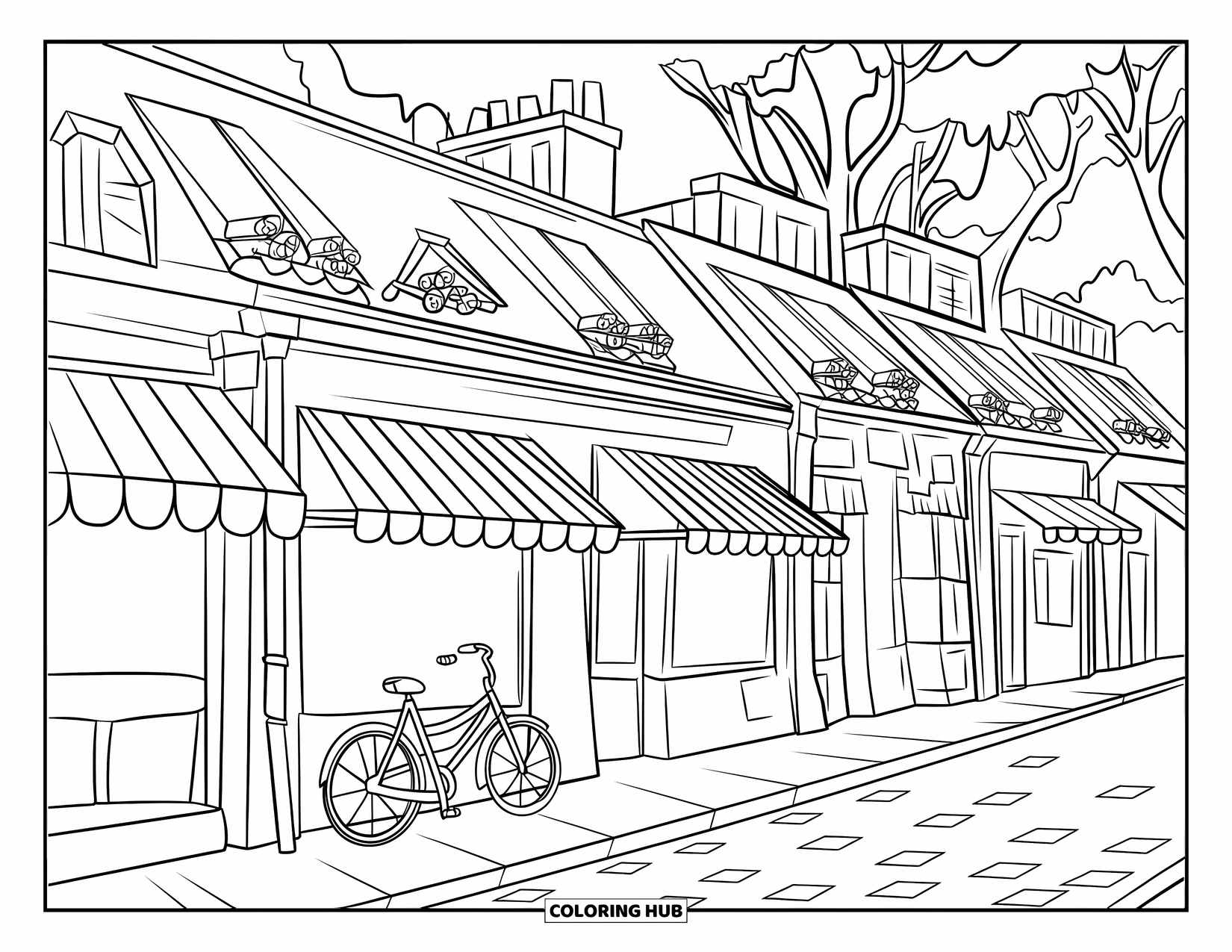 Paris Coloring Page for Kids: Small Paris shops with striped awnings and a parked bicycle line the cobblestone road