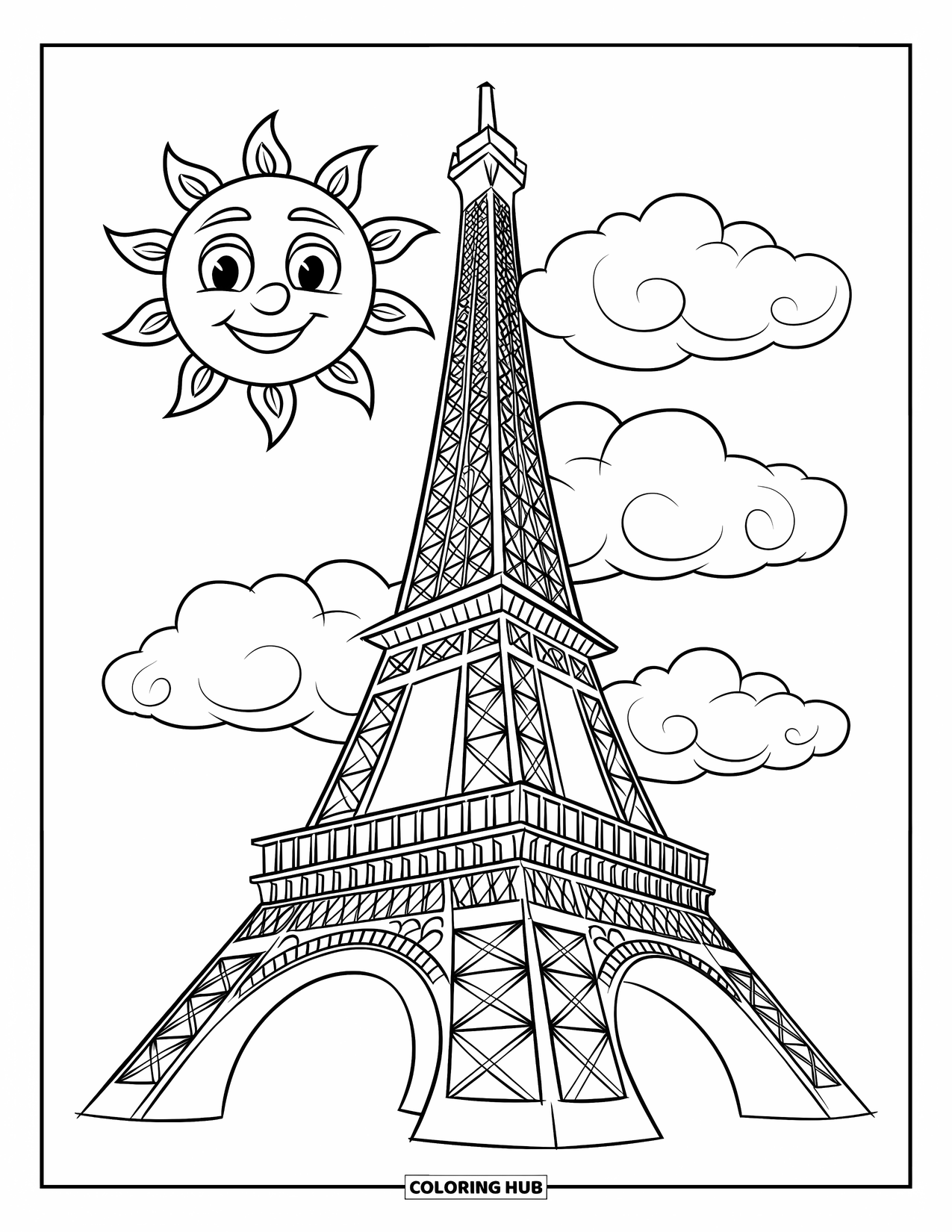 Paris Coloring Page for Kids: The Eiffel Tower rises beneath a smiling sun and soft, rounded clouds